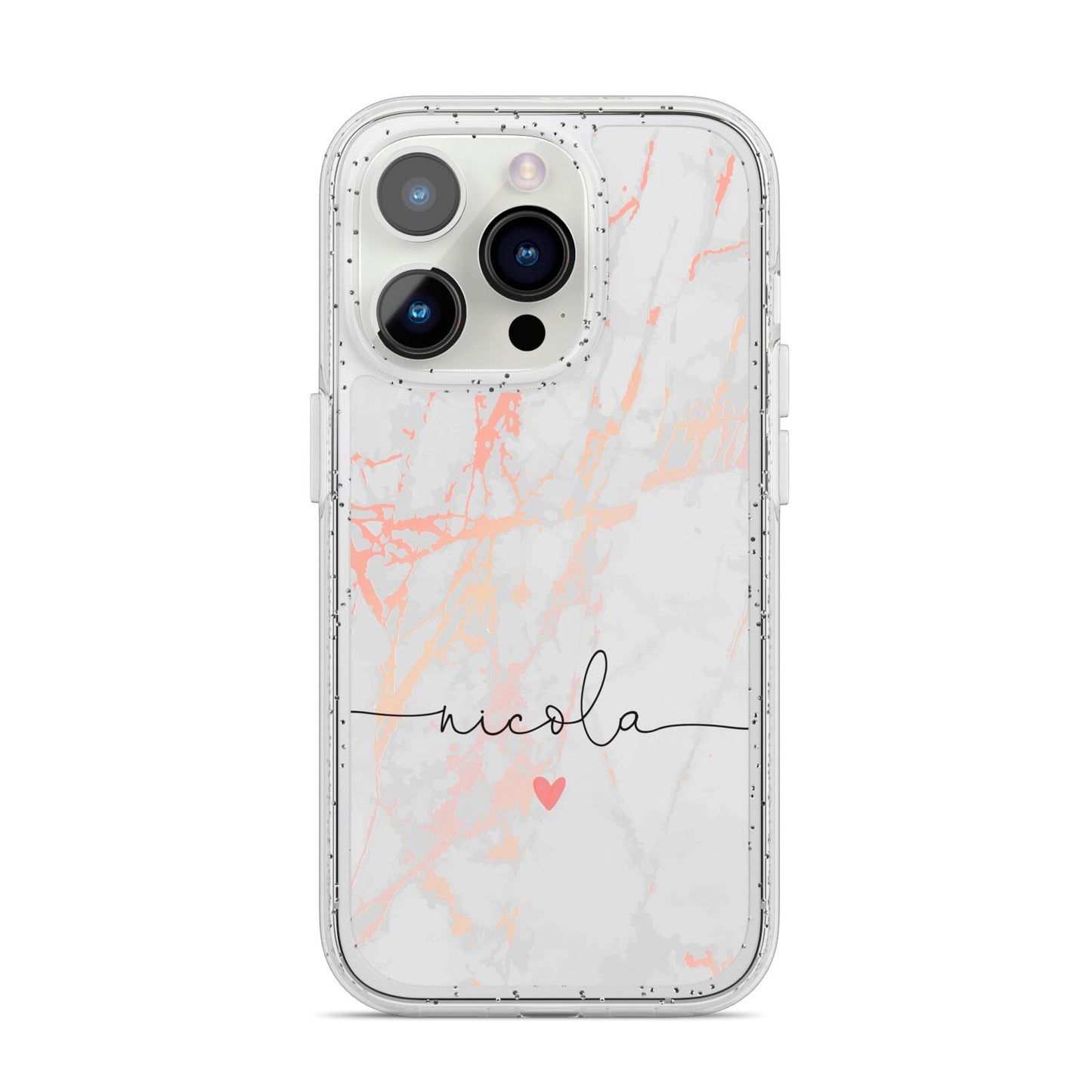 Personalised Name Pink Marble Heart iPhone 14 Pro Glitter Tough Case Silver