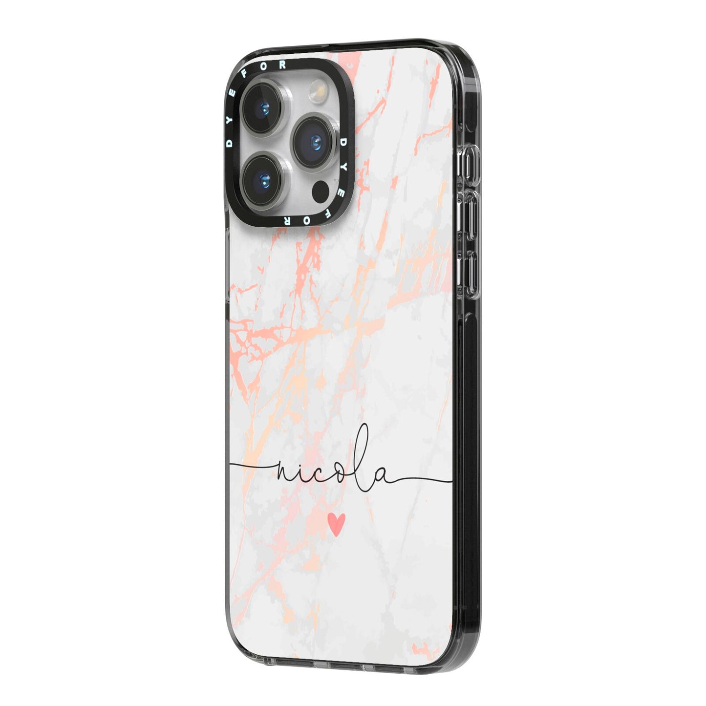 Personalised Name Pink Marble Heart iPhone 14 Pro Max Black Impact Case Side Angle on Silver phone