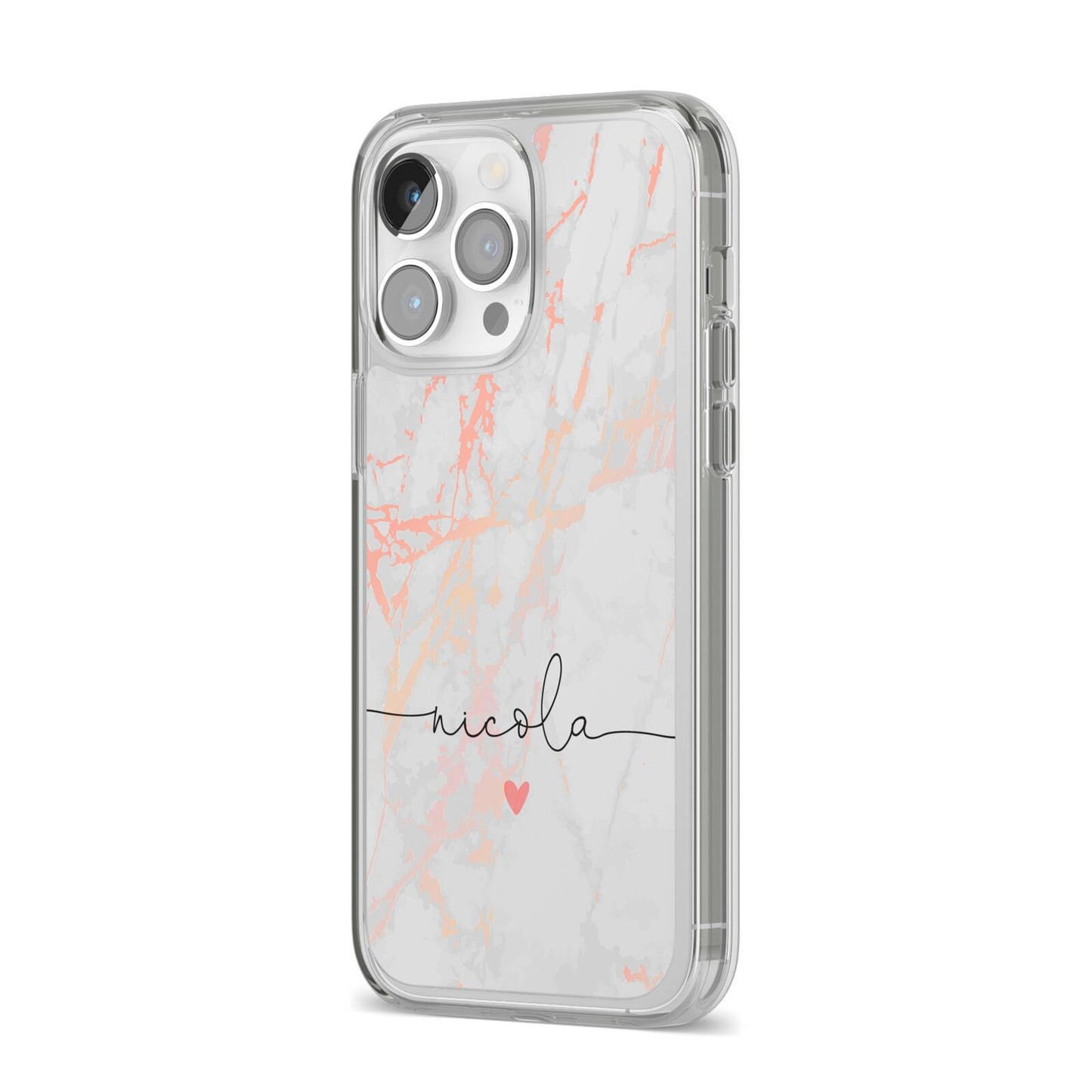 Personalised Name Pink Marble Heart iPhone 14 Pro Max Clear Tough Case Silver Angled Image