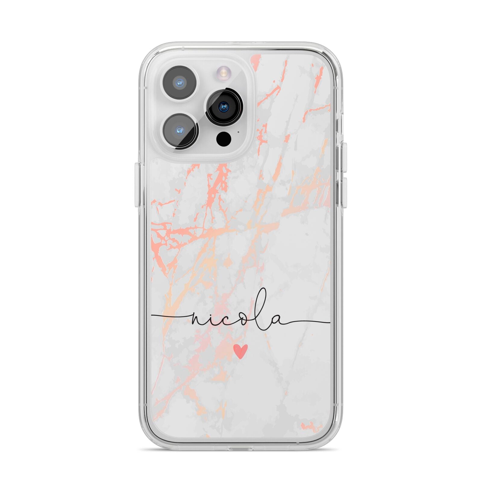 Personalised Name Pink Marble Heart iPhone 14 Pro Max Clear Tough Case Silver