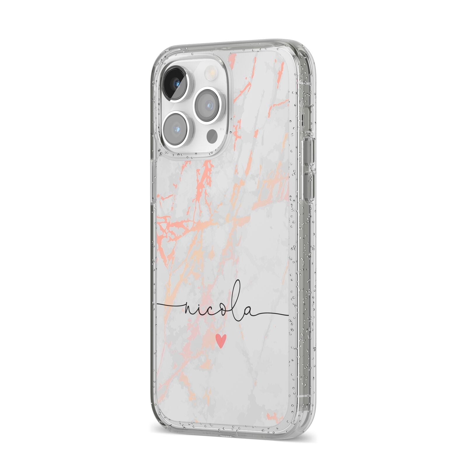Personalised Name Pink Marble Heart iPhone 14 Pro Max Glitter Tough Case Silver Angled Image
