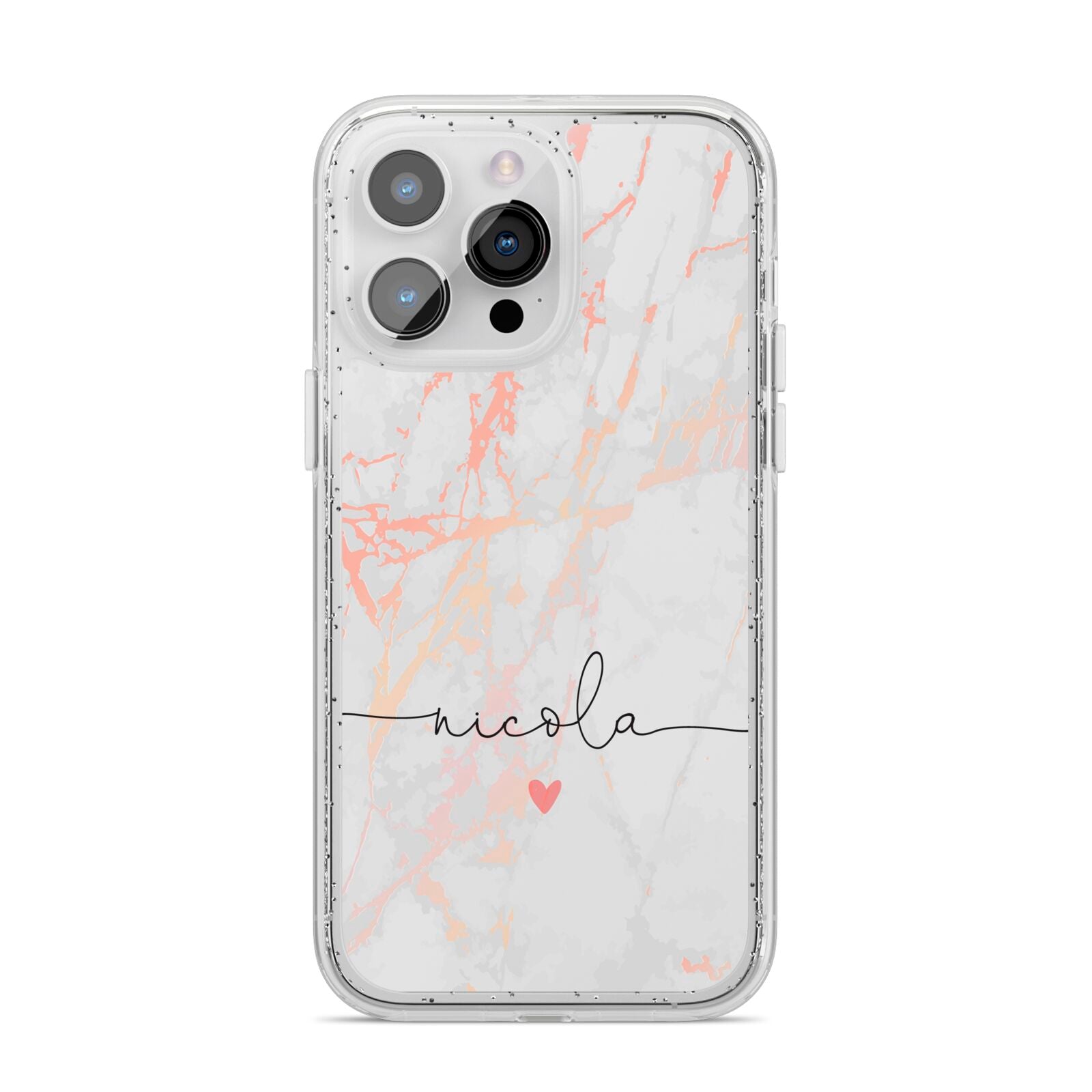 Personalised Name Pink Marble Heart iPhone 14 Pro Max Glitter Tough Case Silver