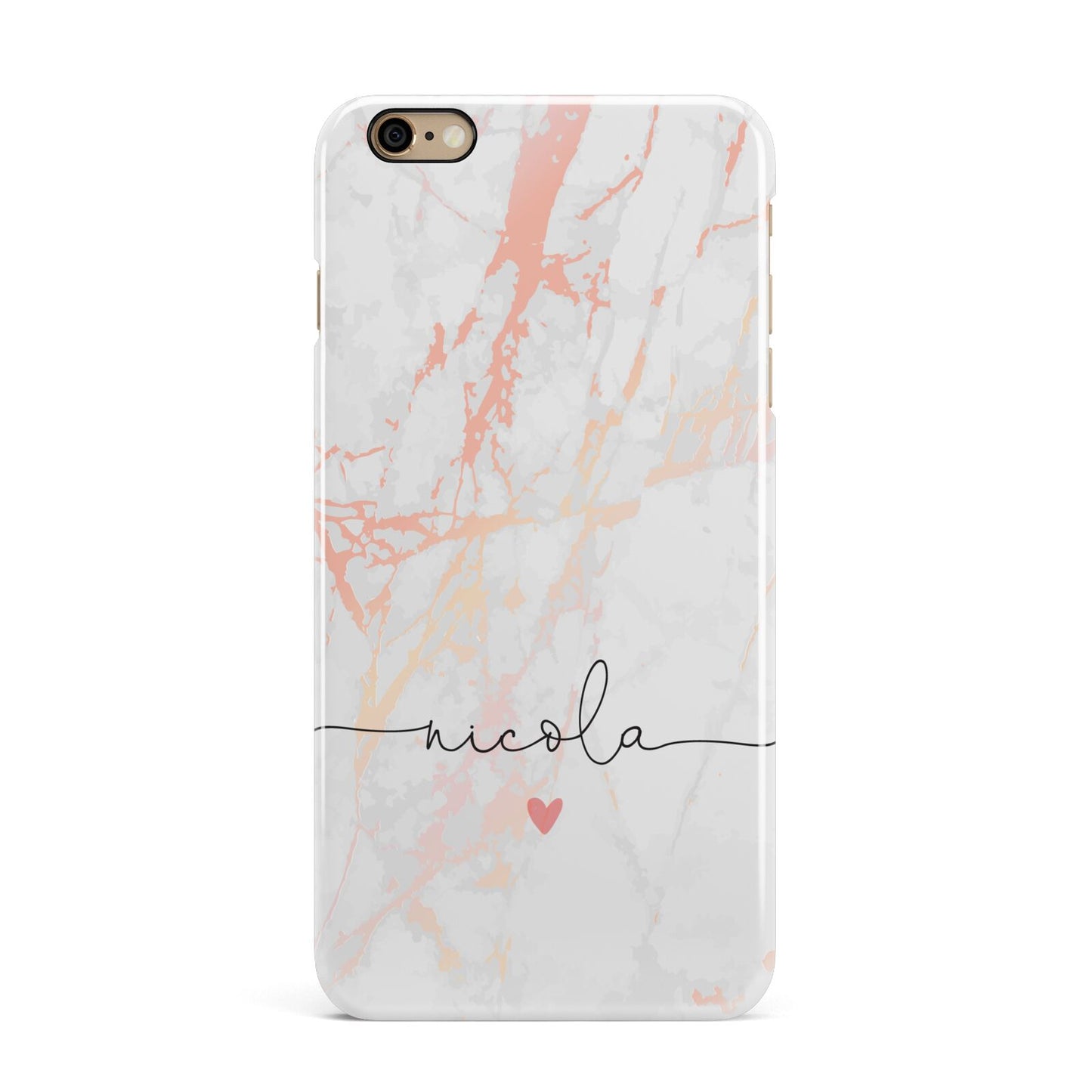 Personalised Name Pink Marble Heart iPhone 6 Plus 3D Snap Case on Gold Phone