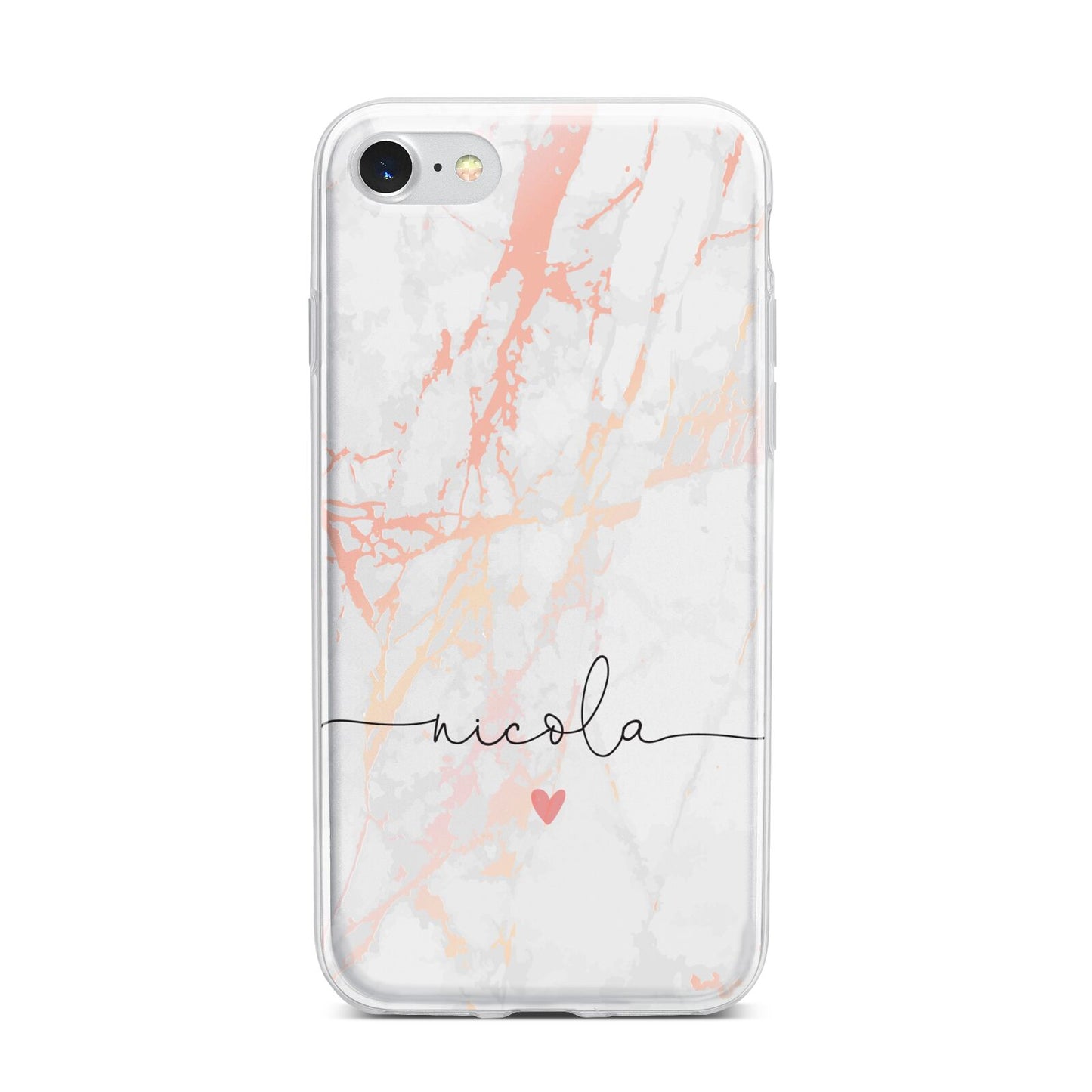 Personalised Name Pink Marble Heart iPhone 7 Bumper Case on Silver iPhone