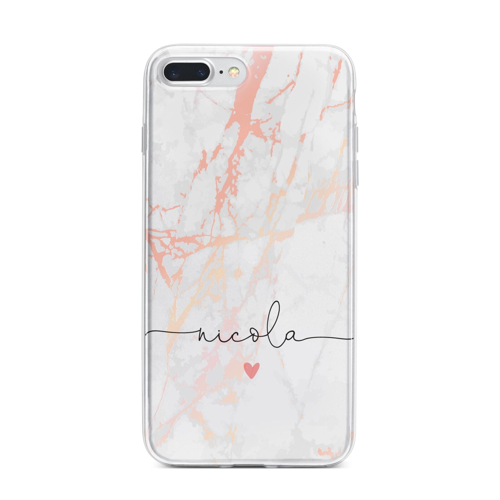 Personalised Name Pink Marble Heart iPhone 7 Plus Bumper Case on Silver iPhone