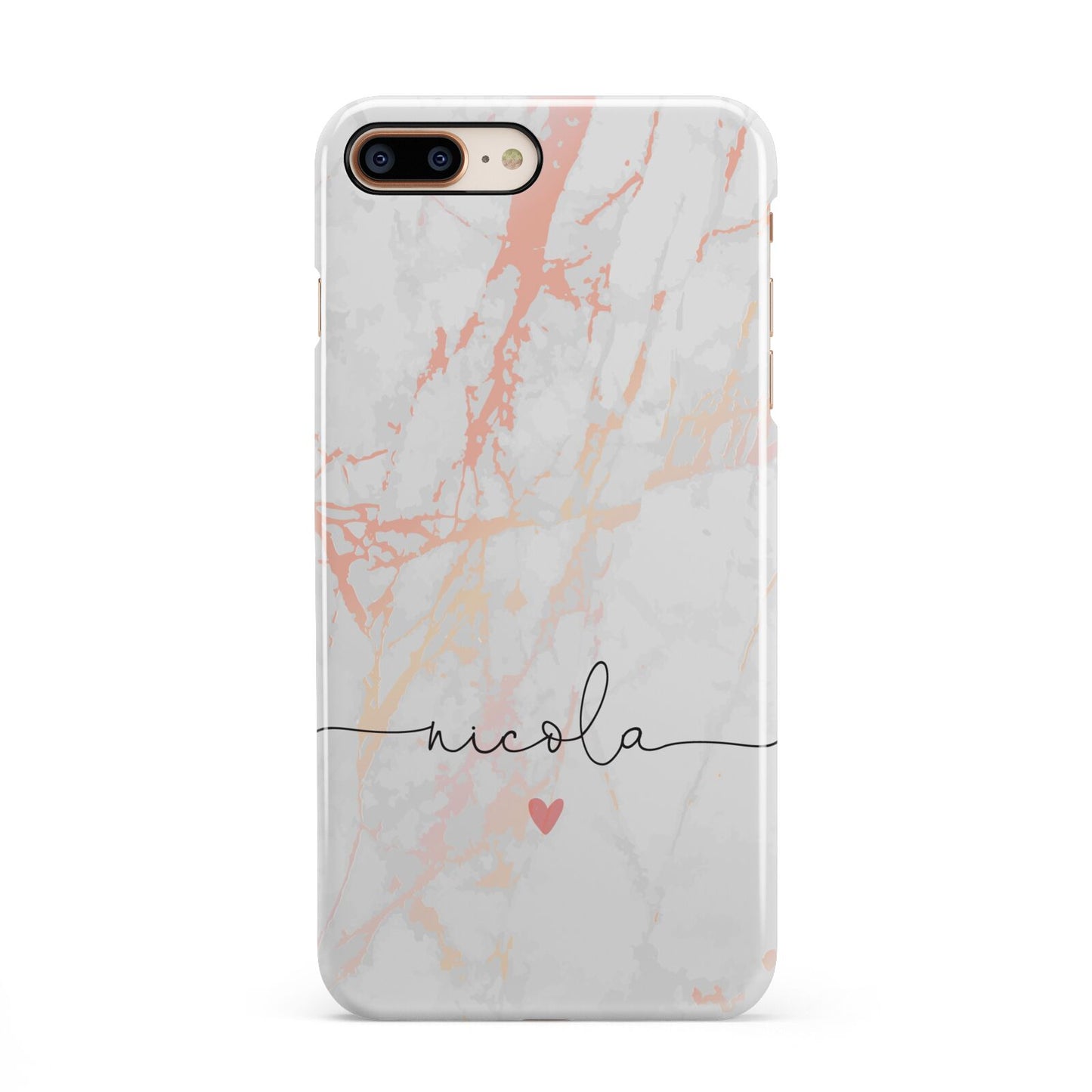 Personalised Name Pink Marble Heart iPhone 8 Plus 3D Snap Case on Gold Phone