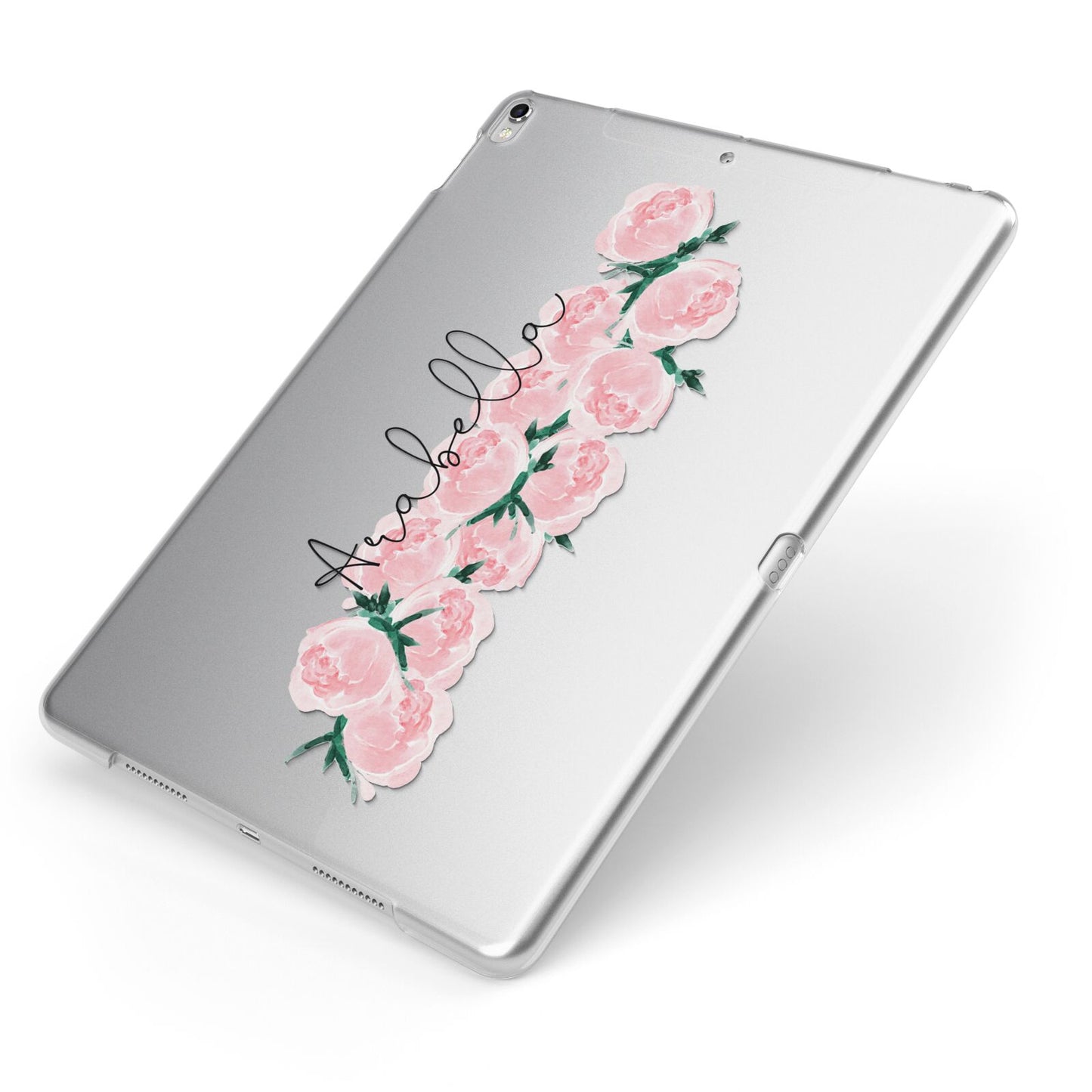 Personalised Name Pink Roses Apple iPad Case on Silver iPad Side View