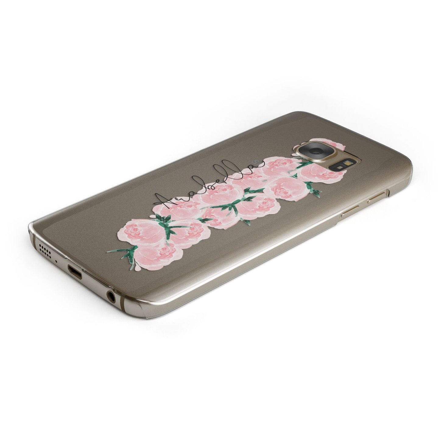 Personalised Name Pink Roses Protective Samsung Galaxy Case Angled Image