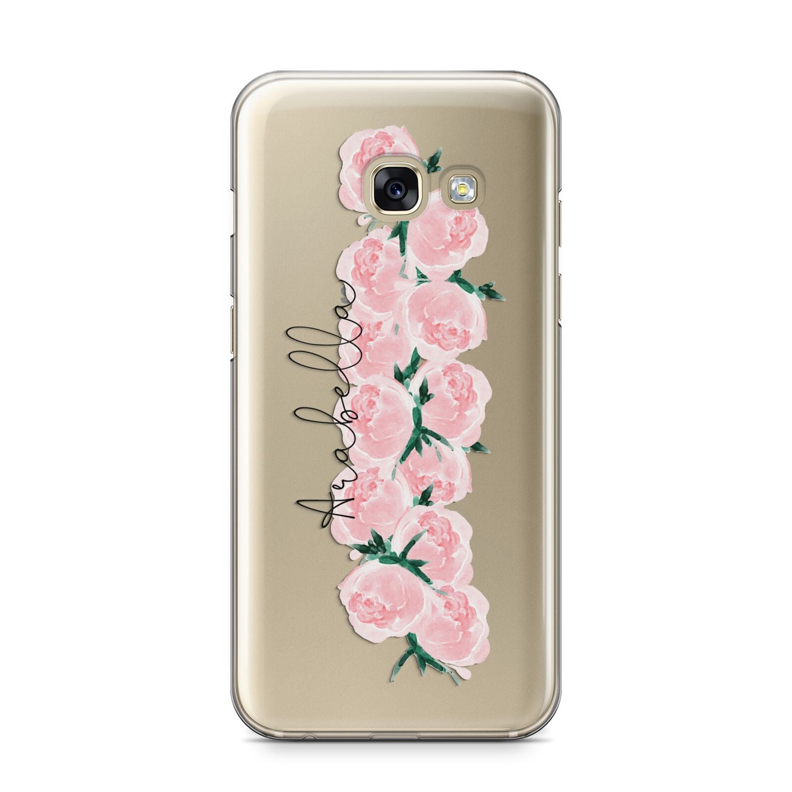 Personalised Name Pink Roses Samsung Galaxy A3 2017 Case on gold phone