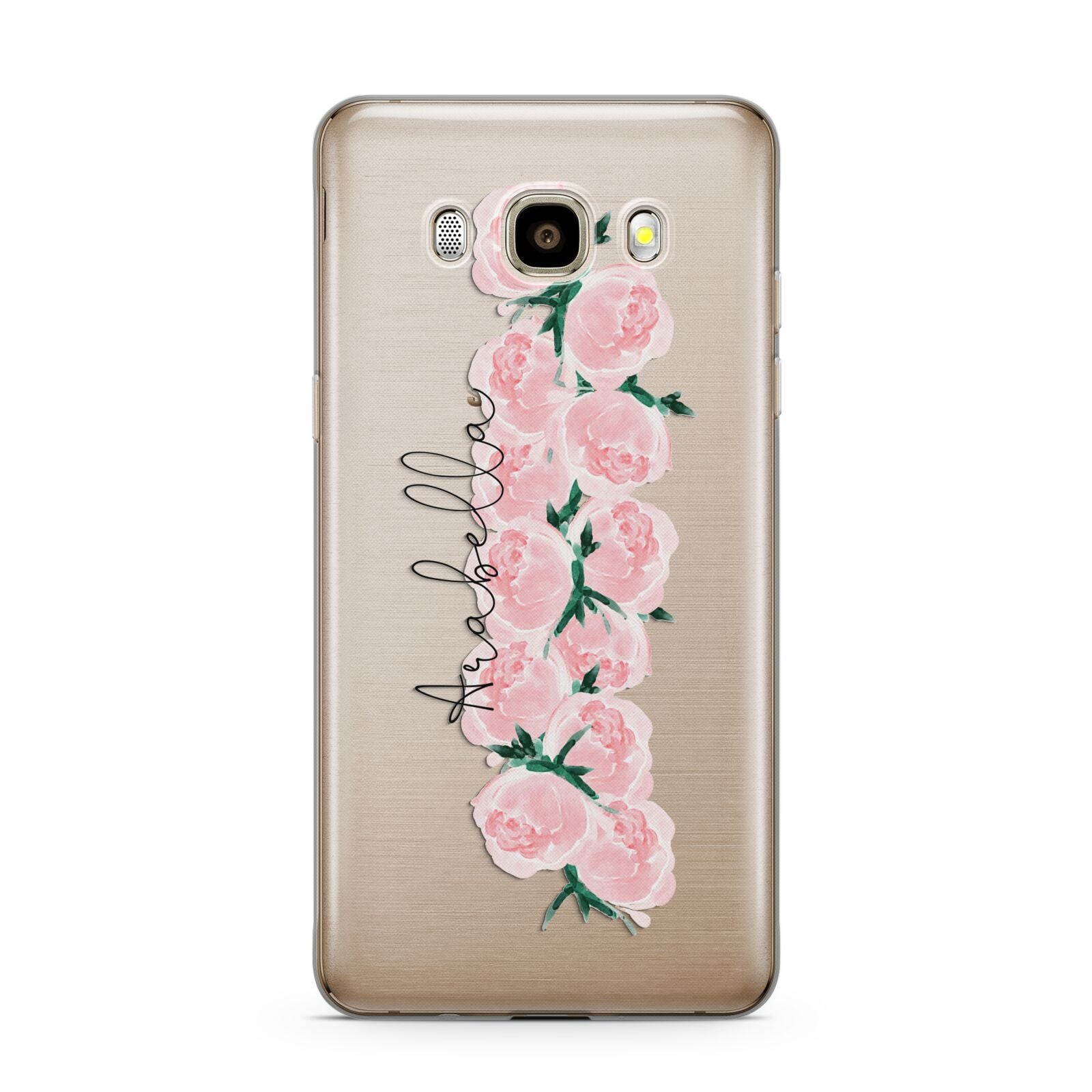 Personalised Name Pink Roses Samsung Galaxy J7 2016 Case on gold phone