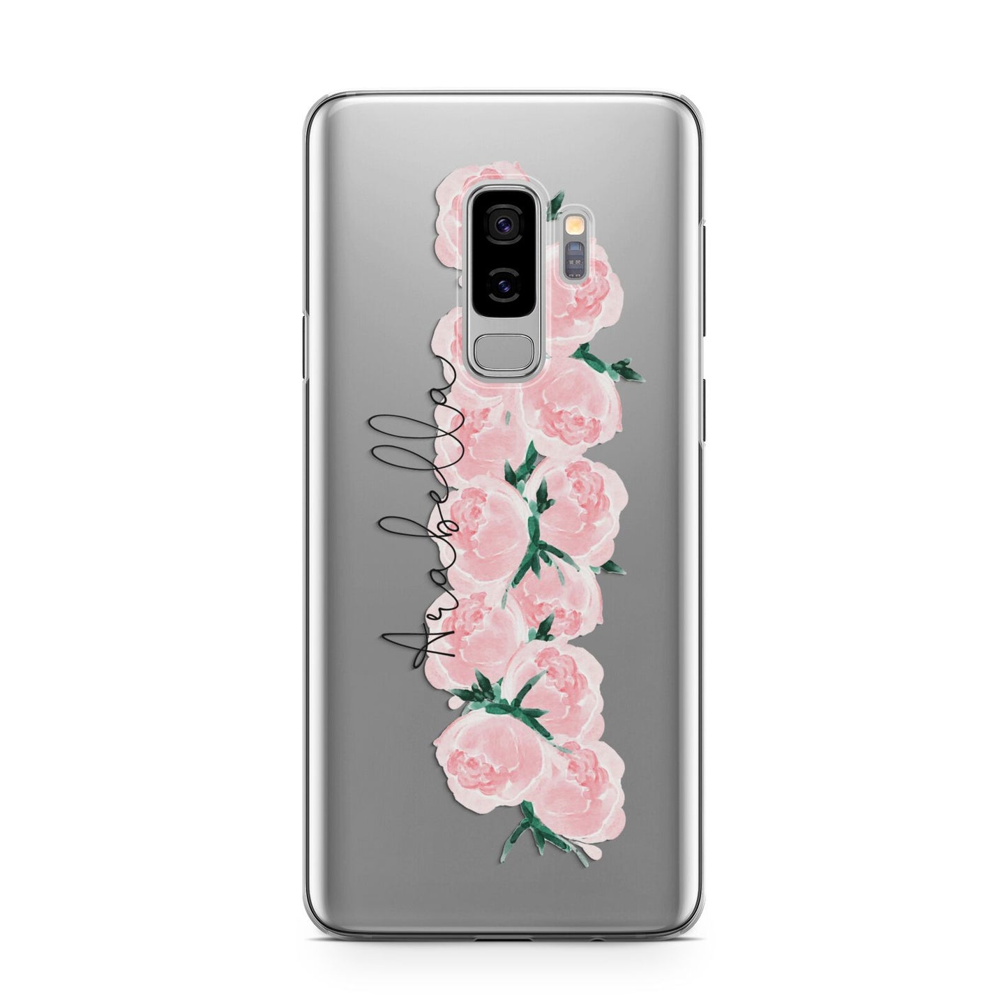 Personalised Name Pink Roses Samsung Galaxy S9 Plus Case on Silver phone