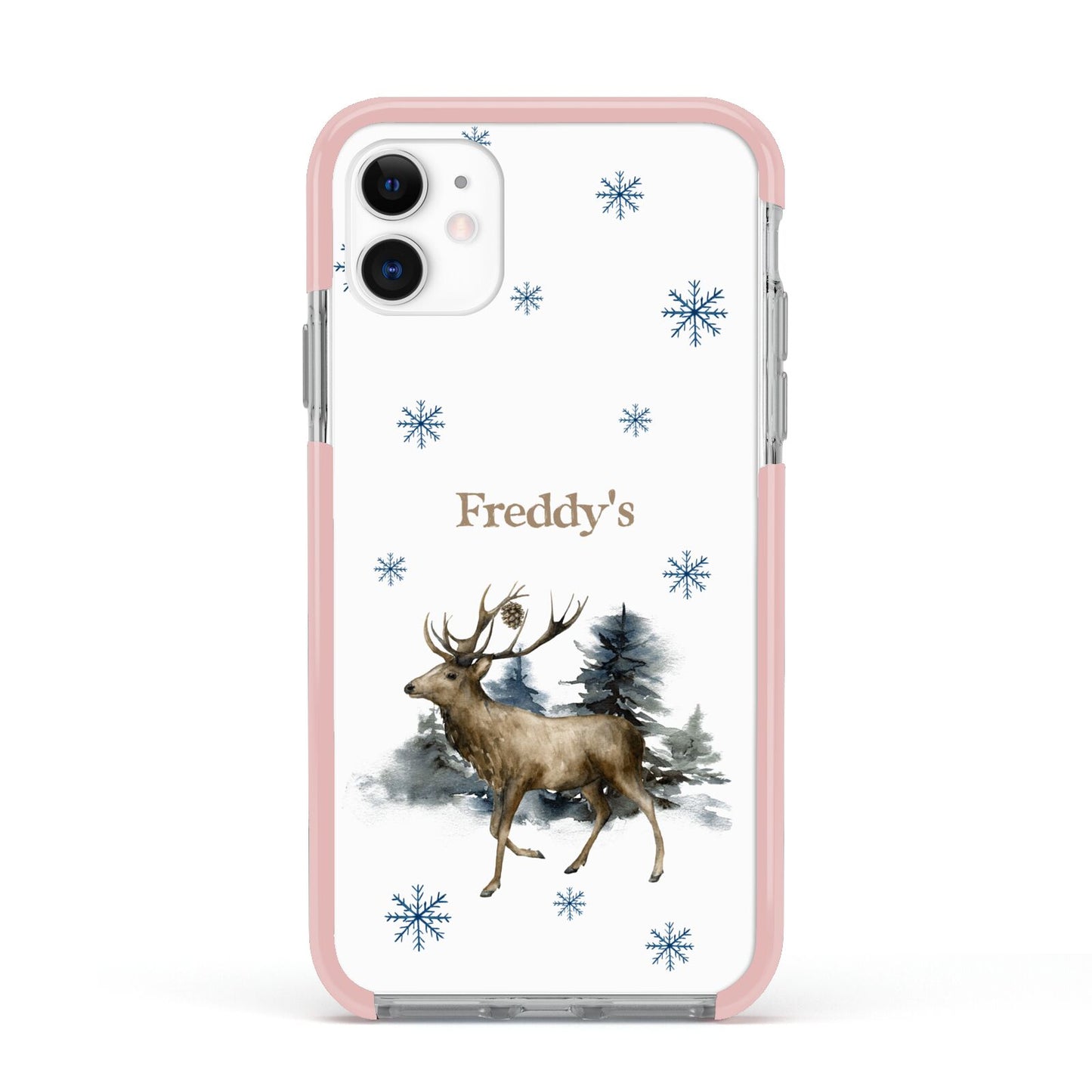 Personalised Name Reindeer Apple iPhone 11 in White with Pink Impact Case