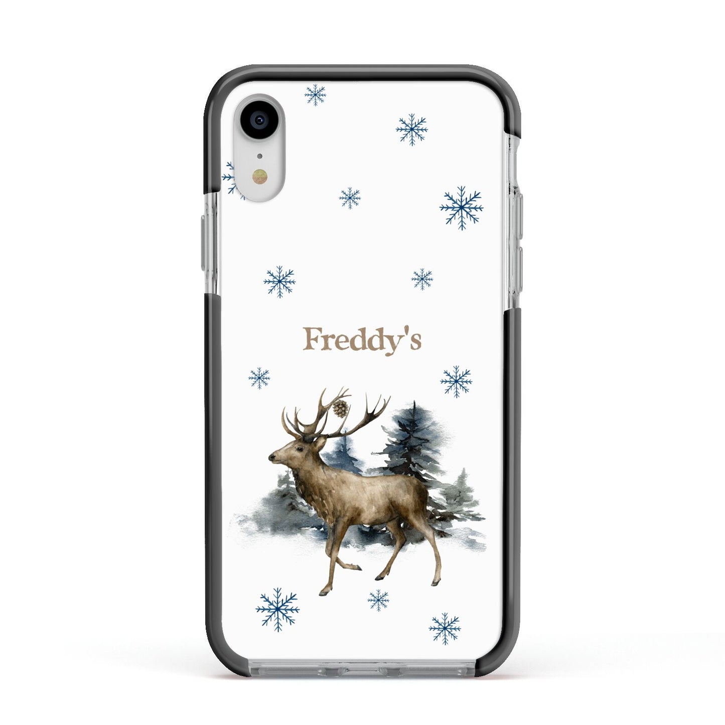 Personalised Name Reindeer Apple iPhone XR Impact Case Black Edge on Silver Phone