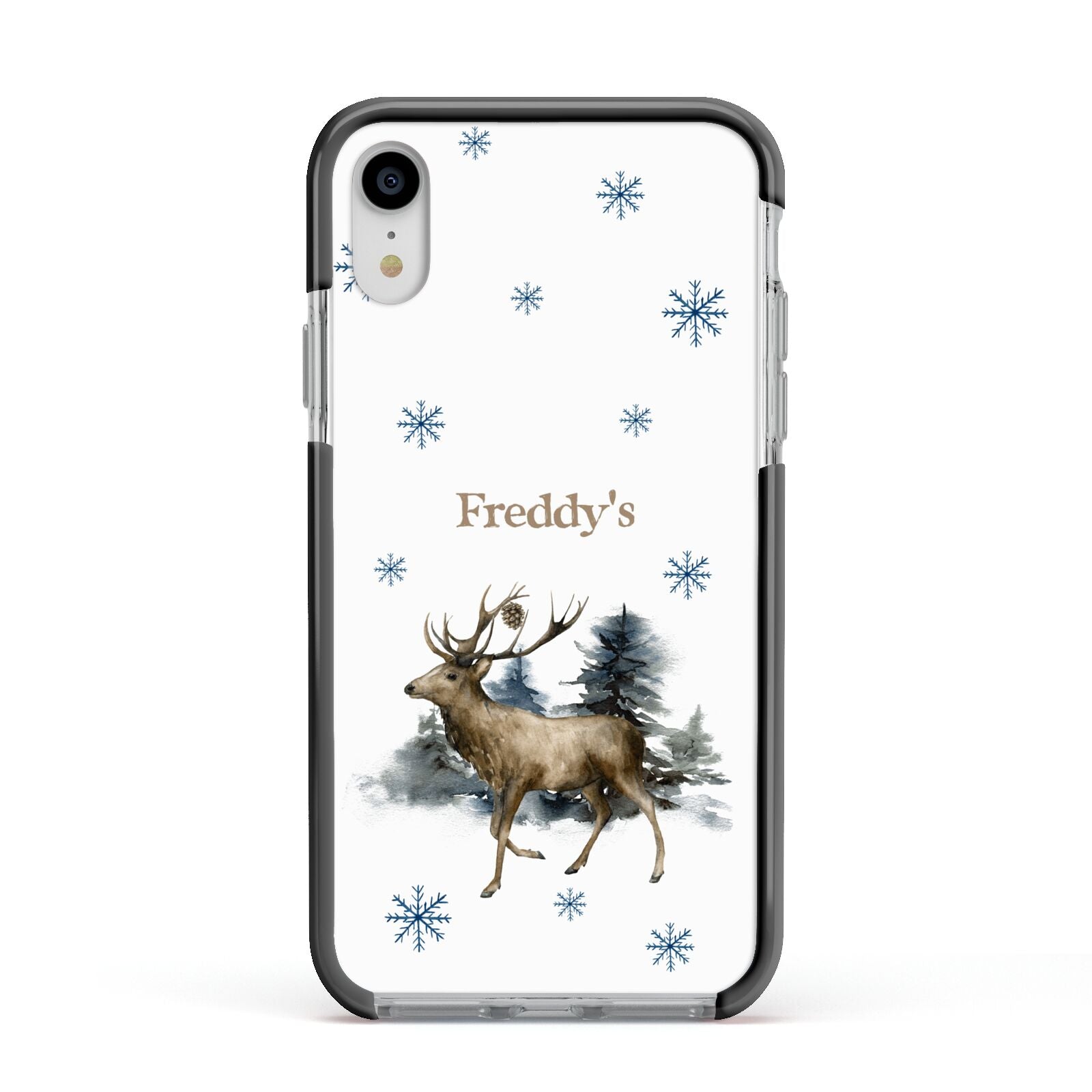 Personalised Name Reindeer Apple iPhone XR Impact Case Black Edge on Silver Phone