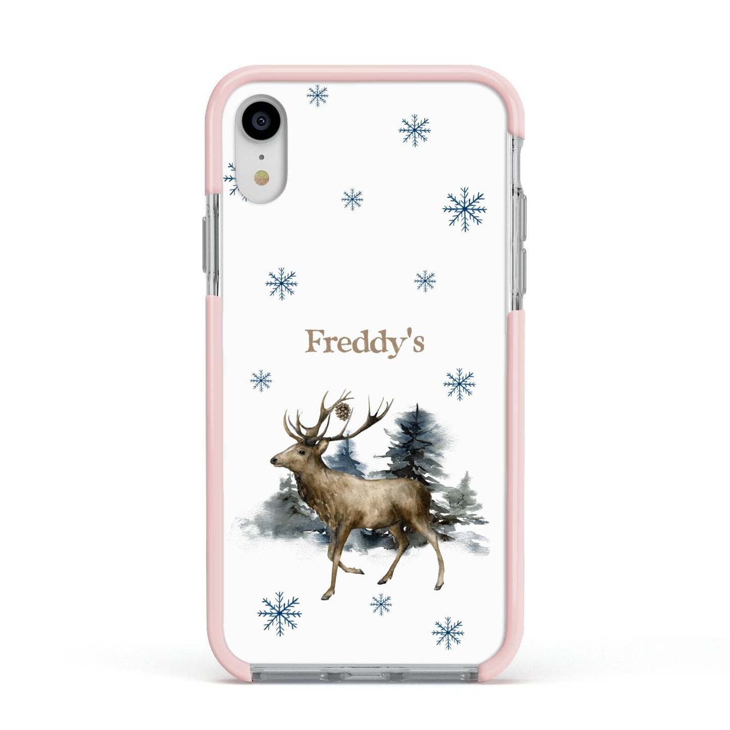 Personalised Name Reindeer Apple iPhone XR Impact Case Pink Edge on Silver Phone