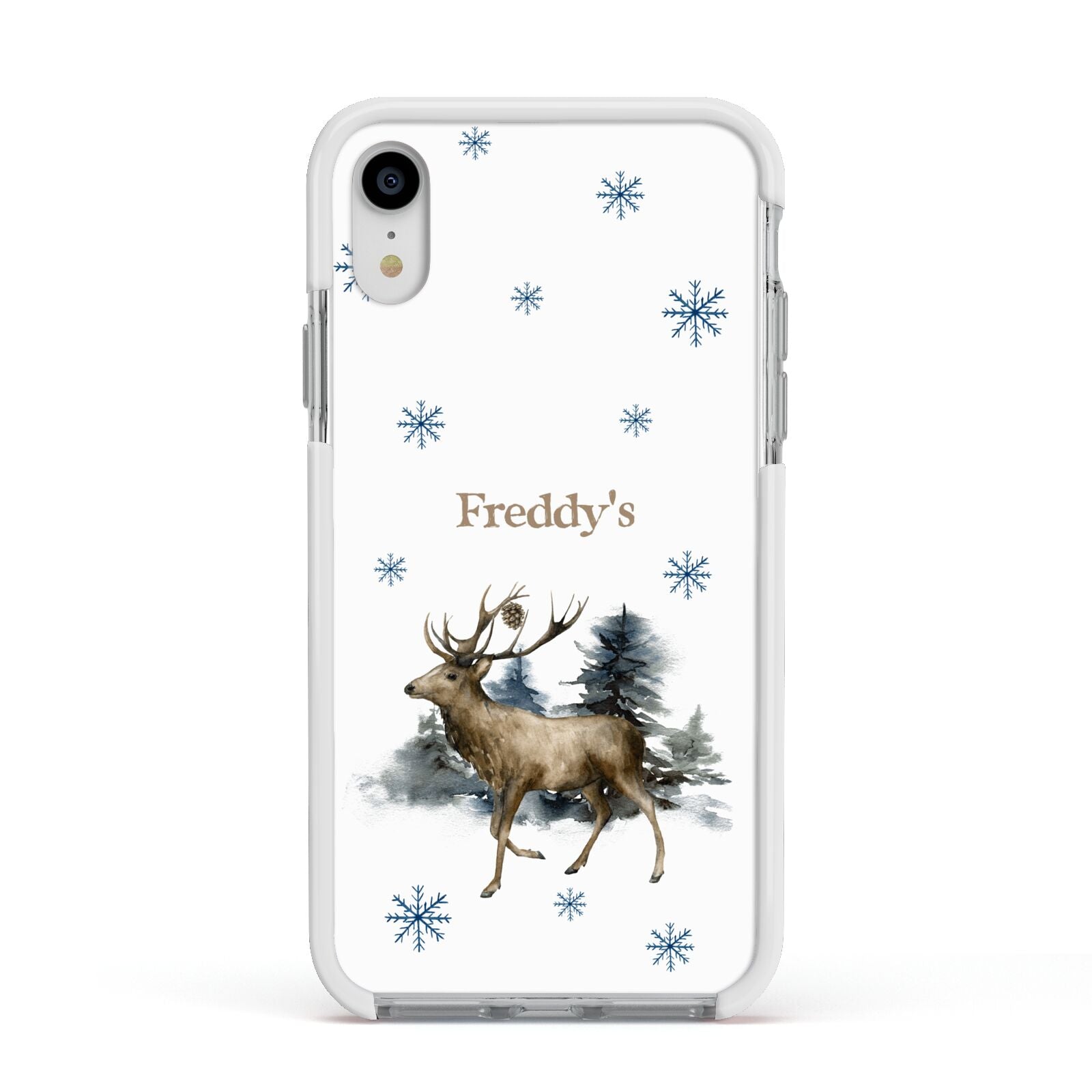 Personalised Name Reindeer Apple iPhone XR Impact Case White Edge on Silver Phone