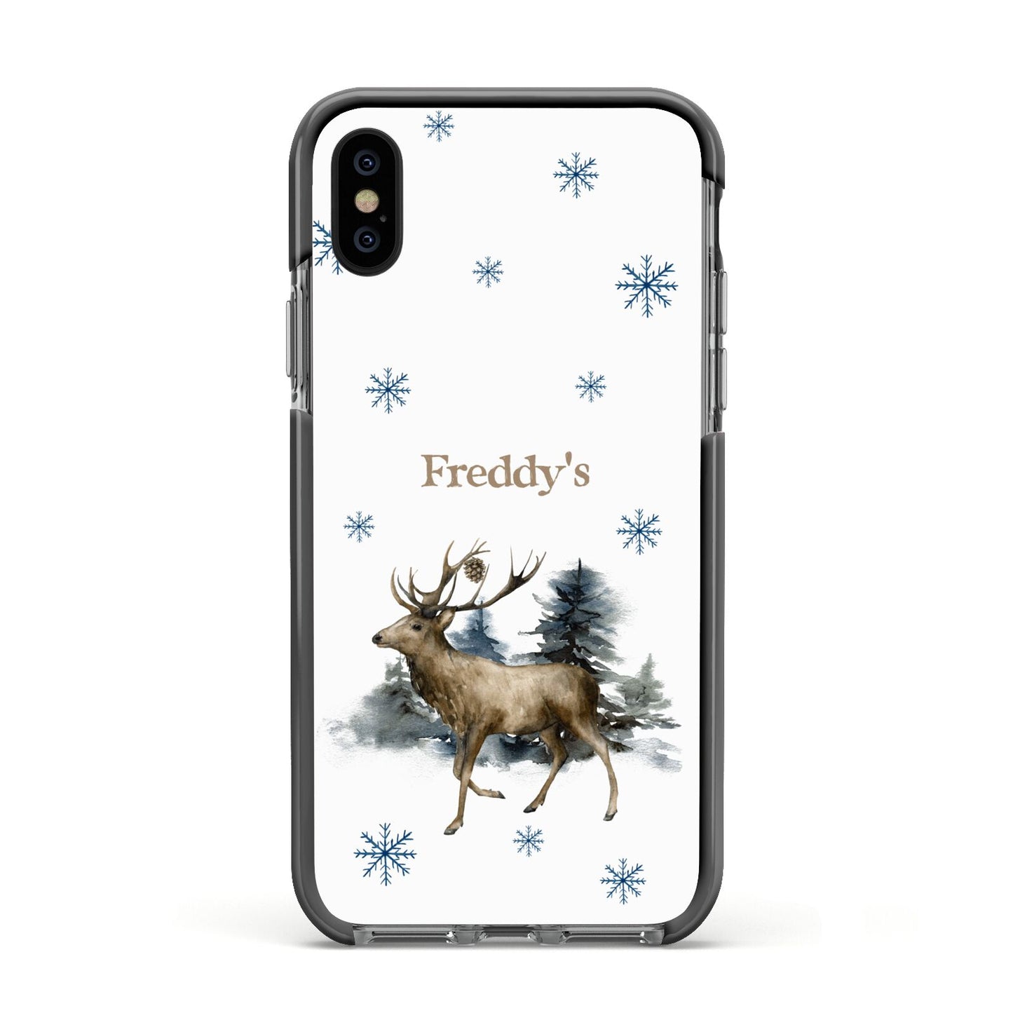 Personalised Name Reindeer Apple iPhone Xs Impact Case Black Edge on Black Phone