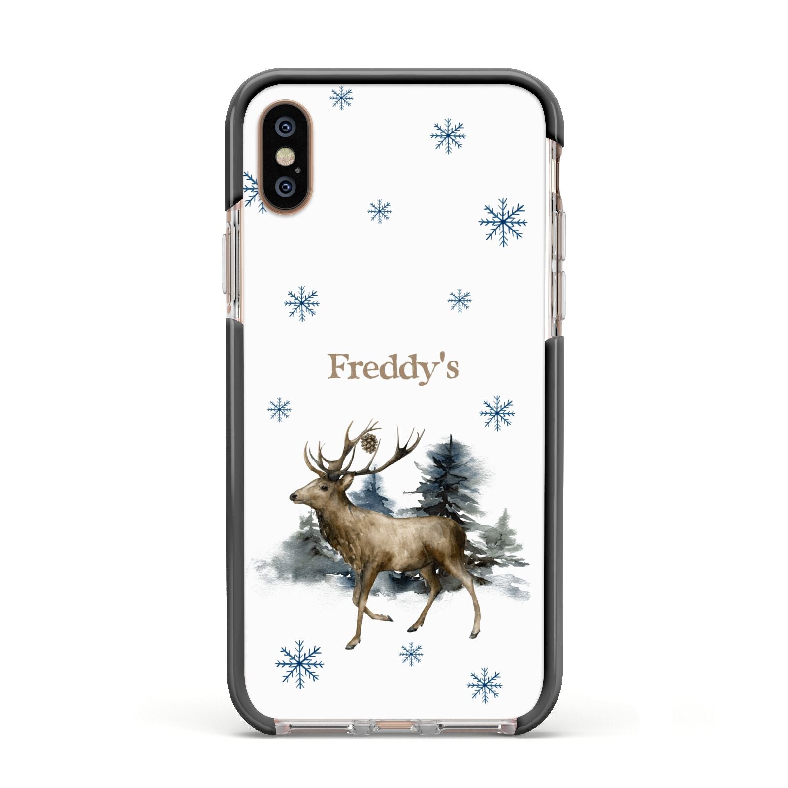 Personalised Name Reindeer Apple iPhone Xs Impact Case Black Edge on Gold Phone