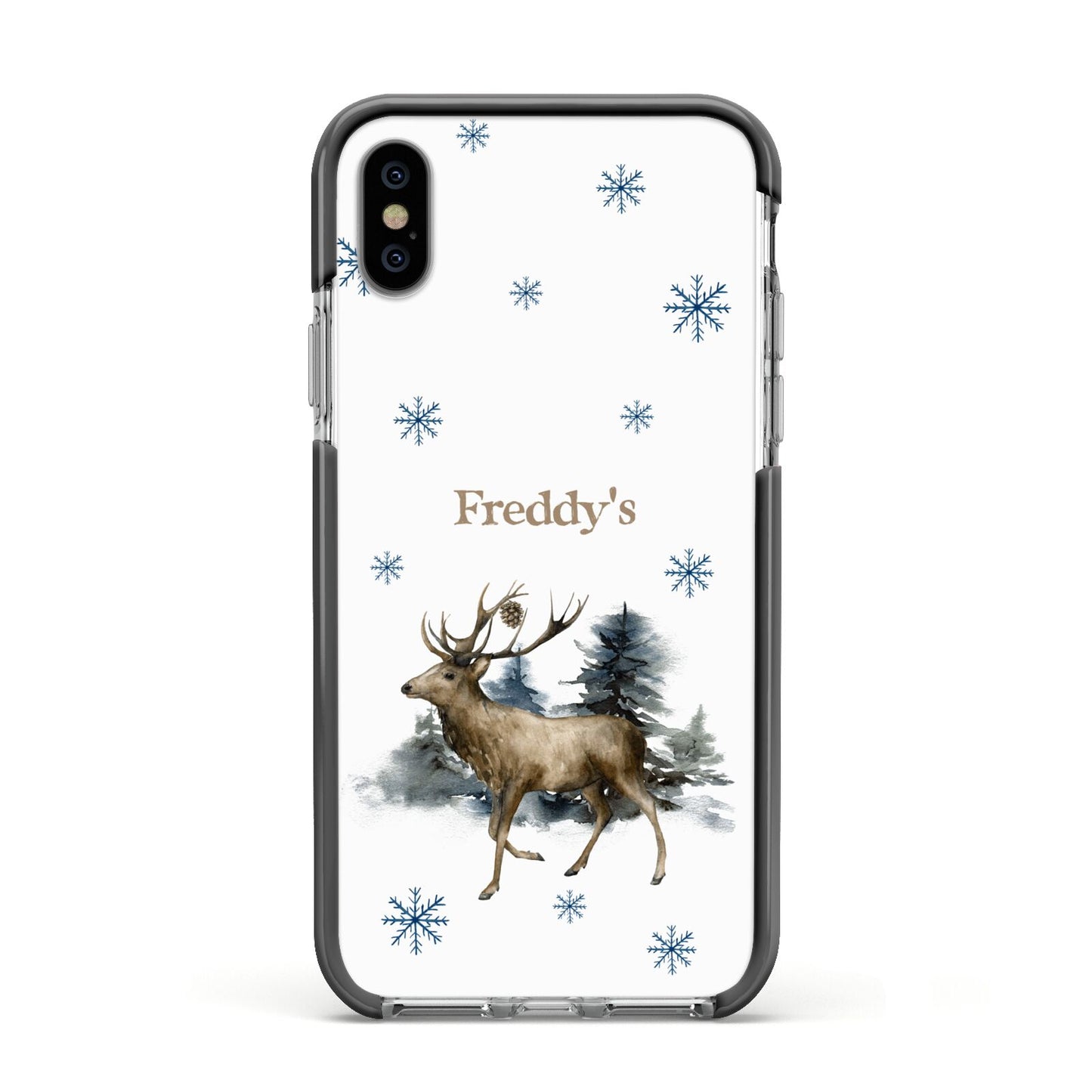 Personalised Name Reindeer Apple iPhone Xs Impact Case Black Edge on Silver Phone