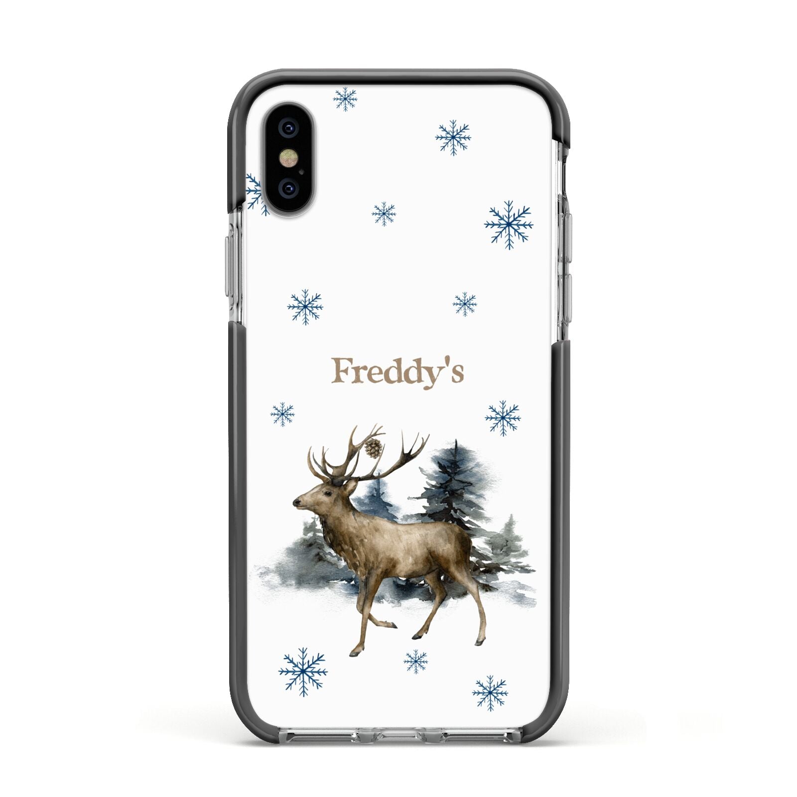 Personalised Name Reindeer Apple iPhone Xs Impact Case Black Edge on Silver Phone