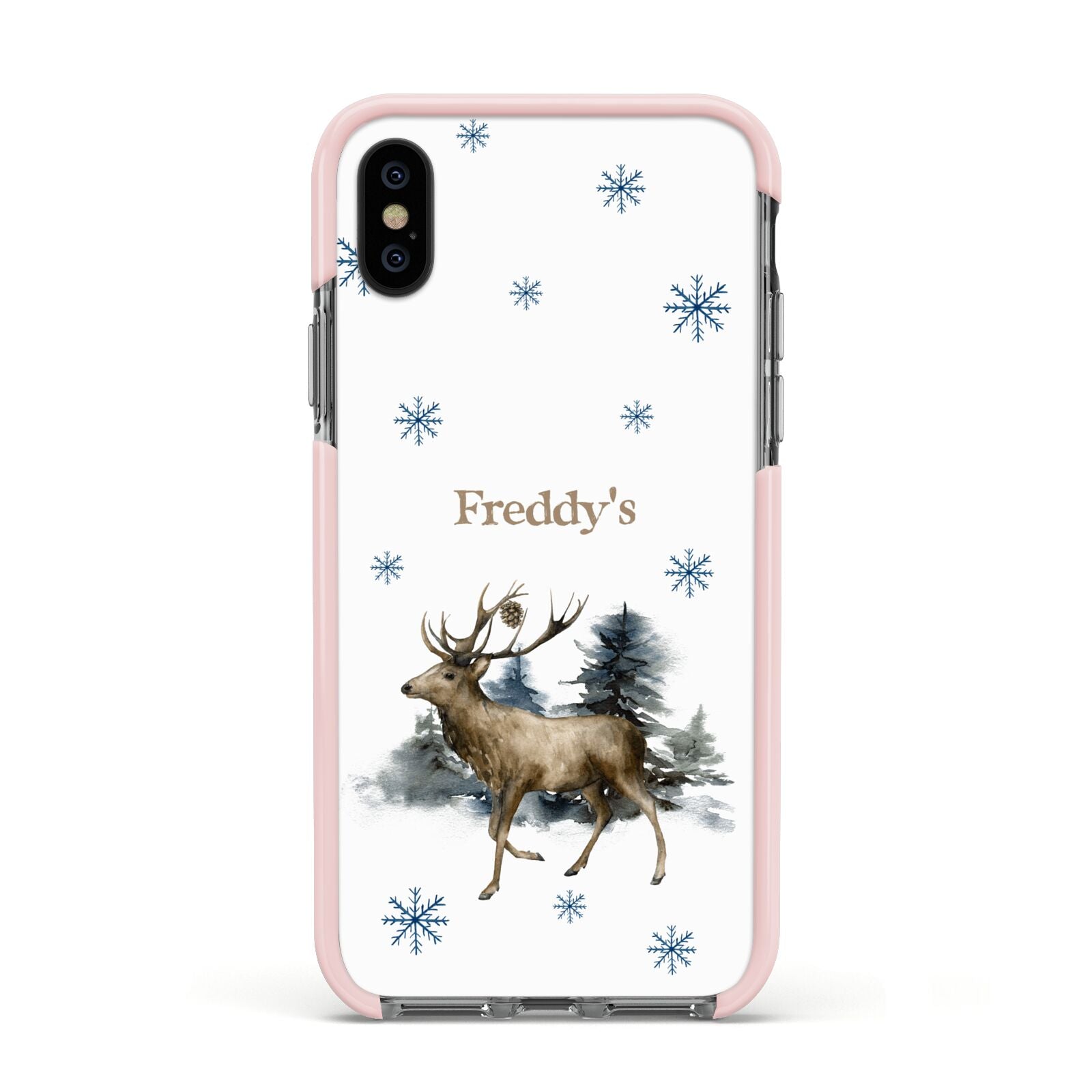 Personalised Name Reindeer Apple iPhone Xs Impact Case Pink Edge on Black Phone