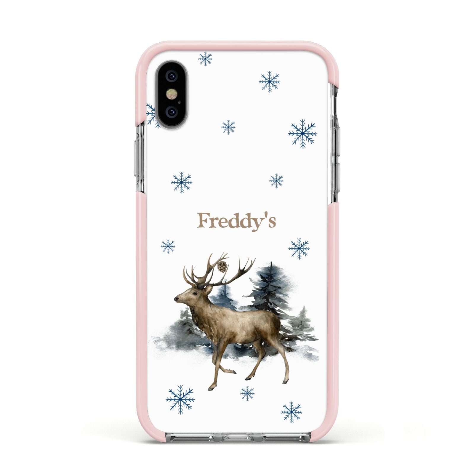 Personalised Name Reindeer Apple iPhone Xs Impact Case Pink Edge on Silver Phone