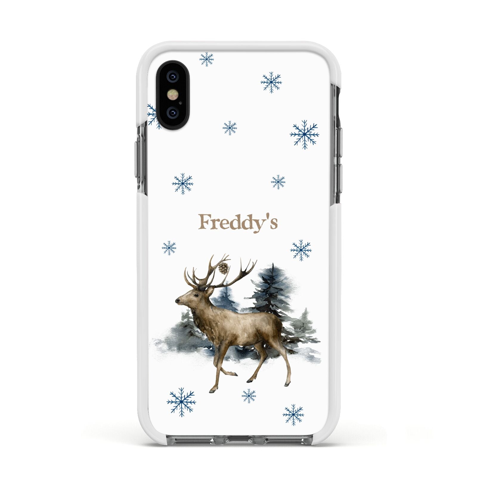 Personalised Name Reindeer Apple iPhone Xs Impact Case White Edge on Black Phone