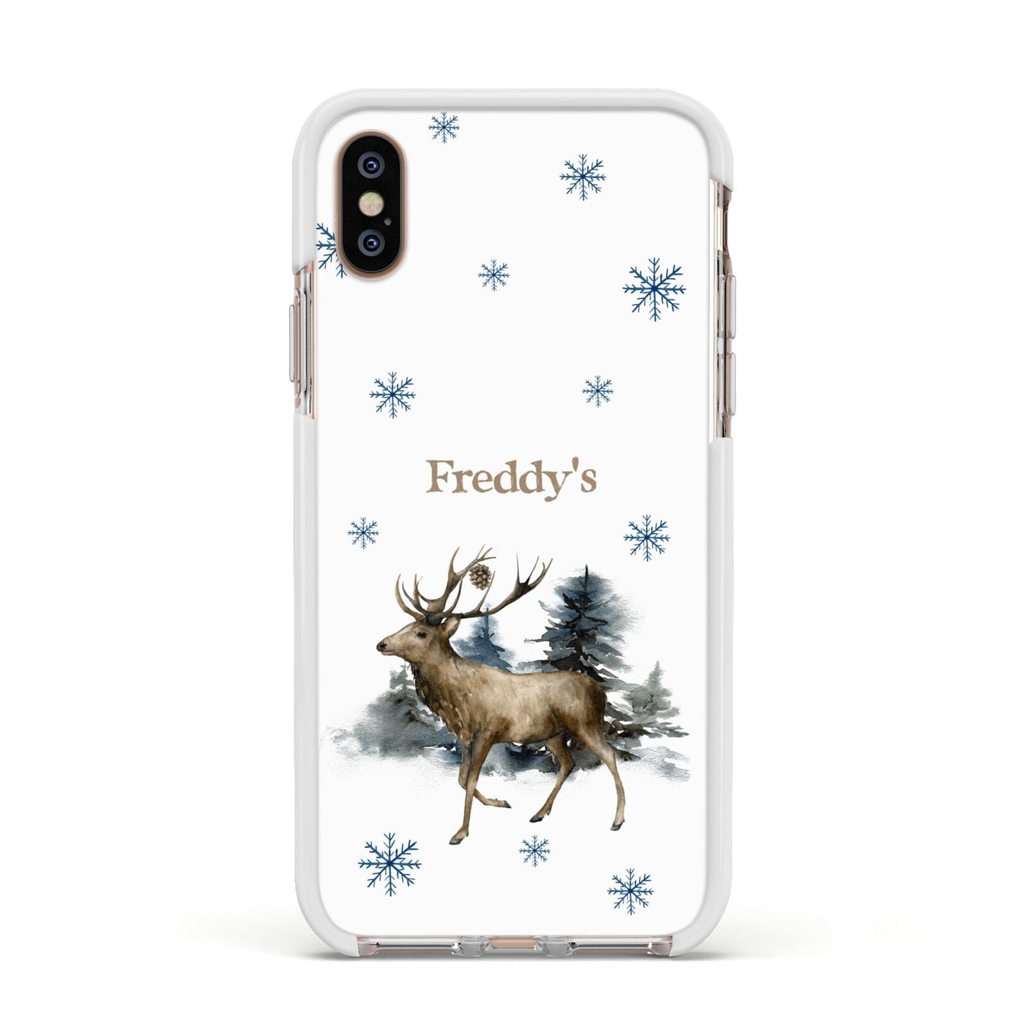 Personalised Name Reindeer Apple iPhone Xs Impact Case White Edge on Gold Phone