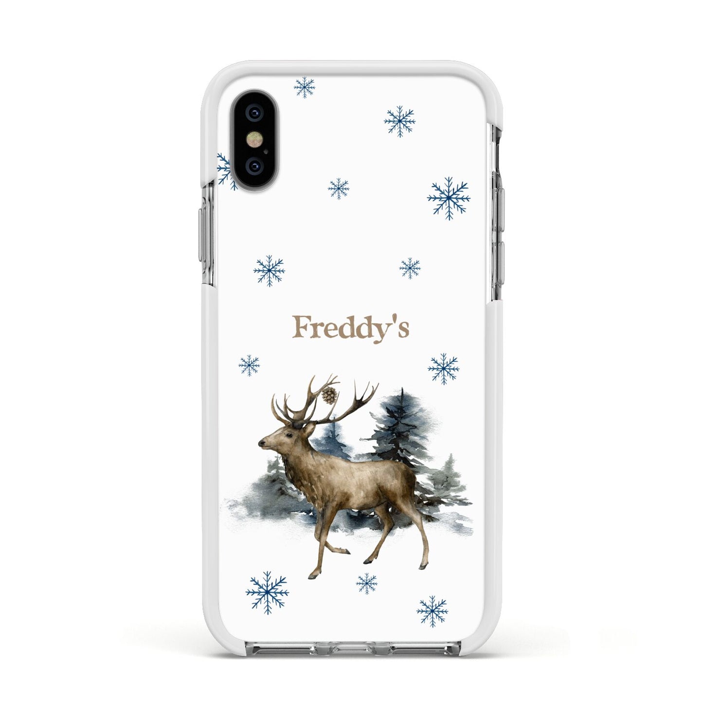 Personalised Name Reindeer Apple iPhone Xs Impact Case White Edge on Silver Phone