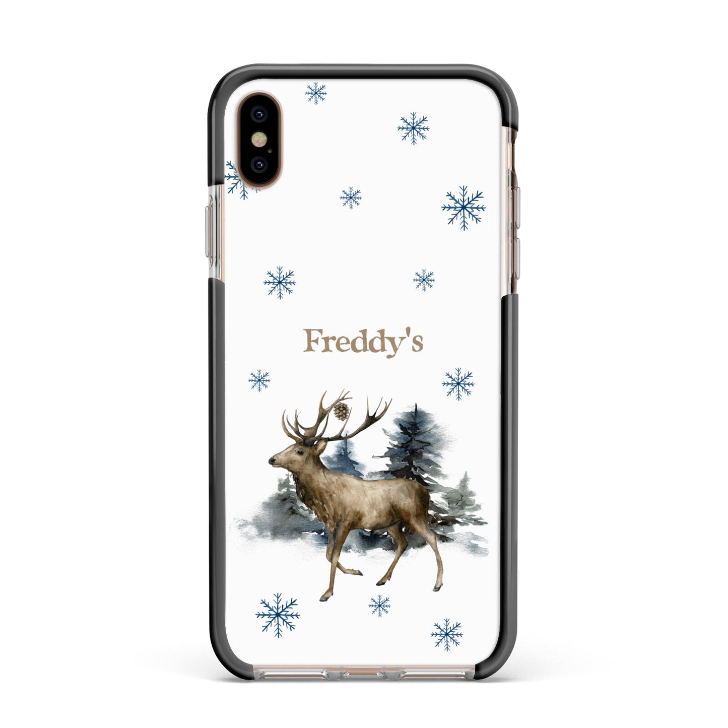 Personalised Name Reindeer Apple iPhone Xs Max Impact Case Black Edge on Gold Phone