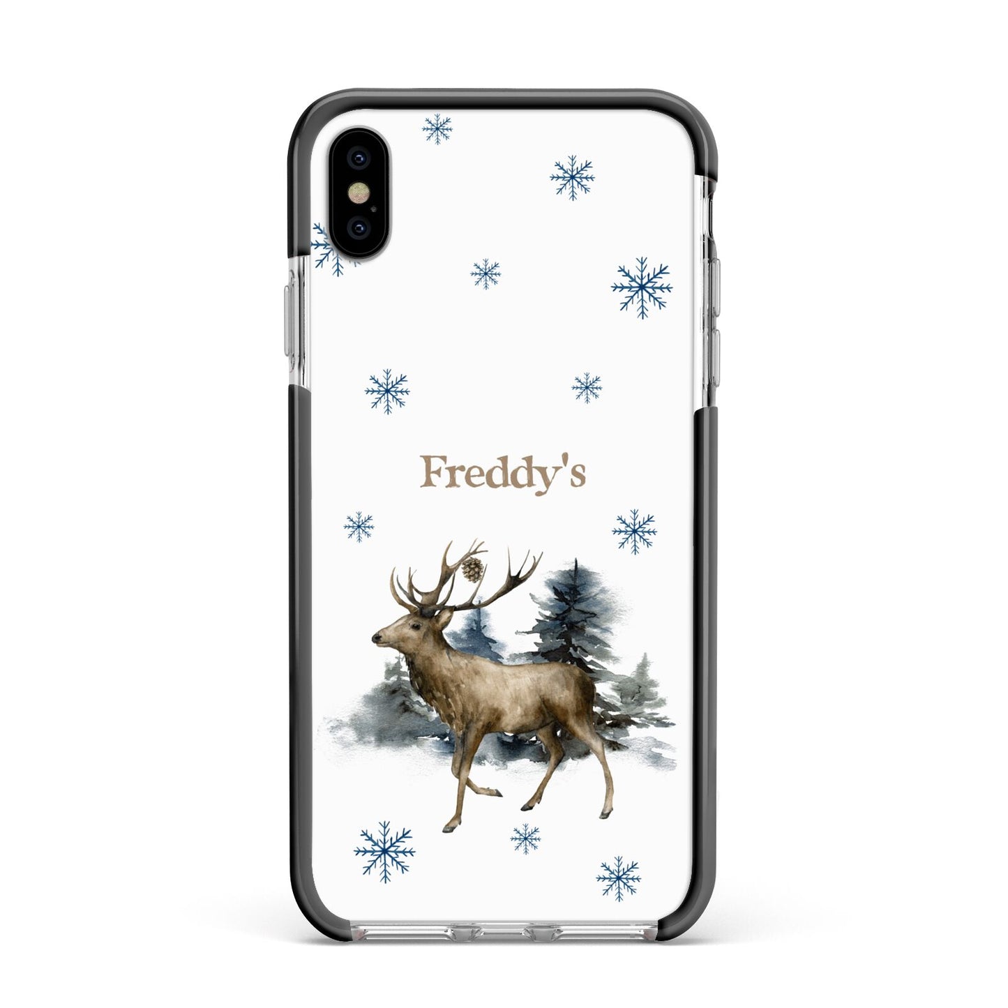Personalised Name Reindeer Apple iPhone Xs Max Impact Case Black Edge on Silver Phone