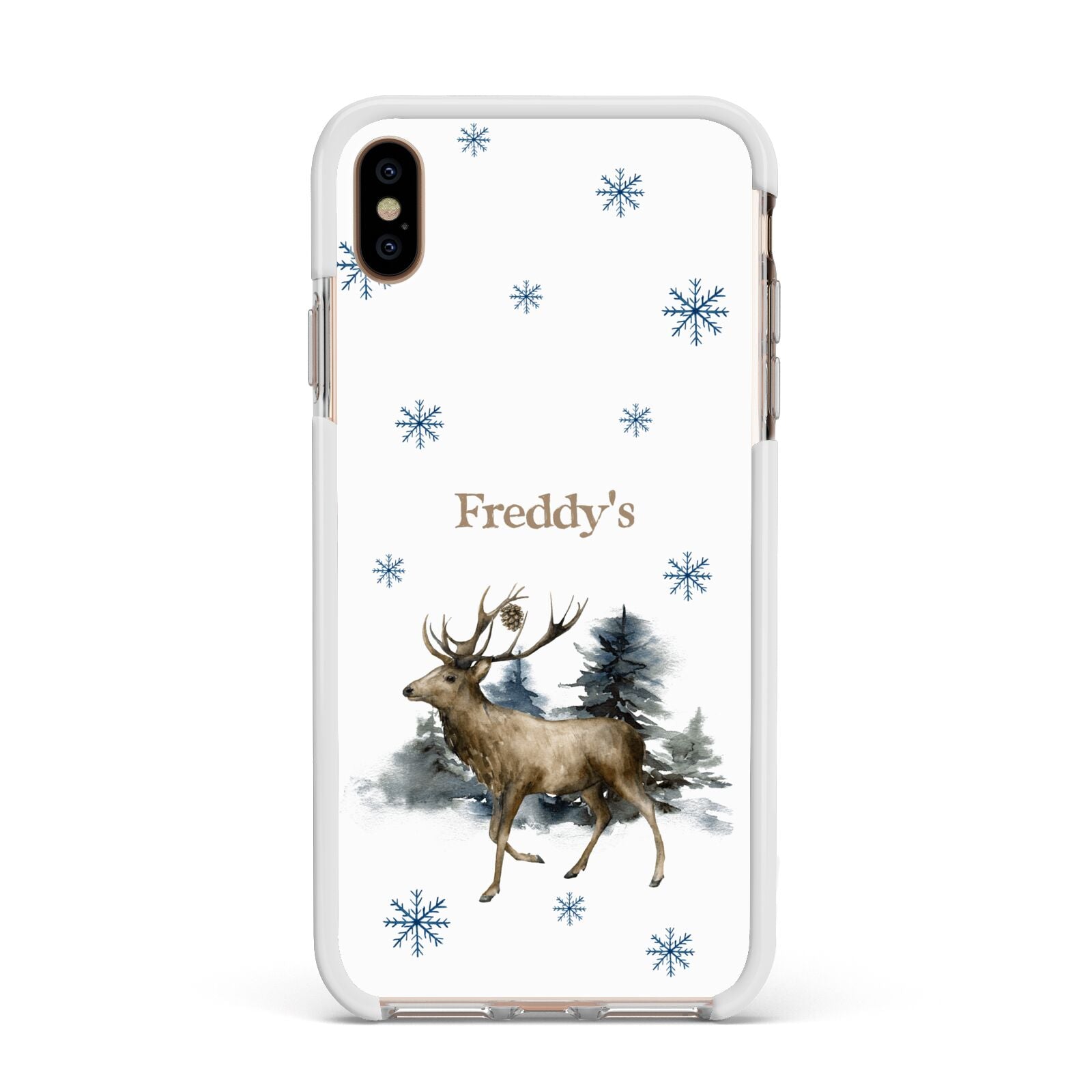Personalised Name Reindeer Apple iPhone Xs Max Impact Case White Edge on Gold Phone