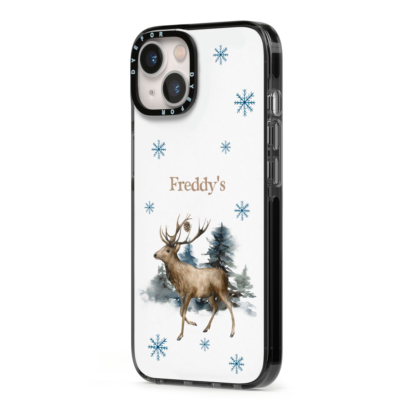 Personalised Name Reindeer iPhone 13 Black Impact Case Side Angle on Silver phone