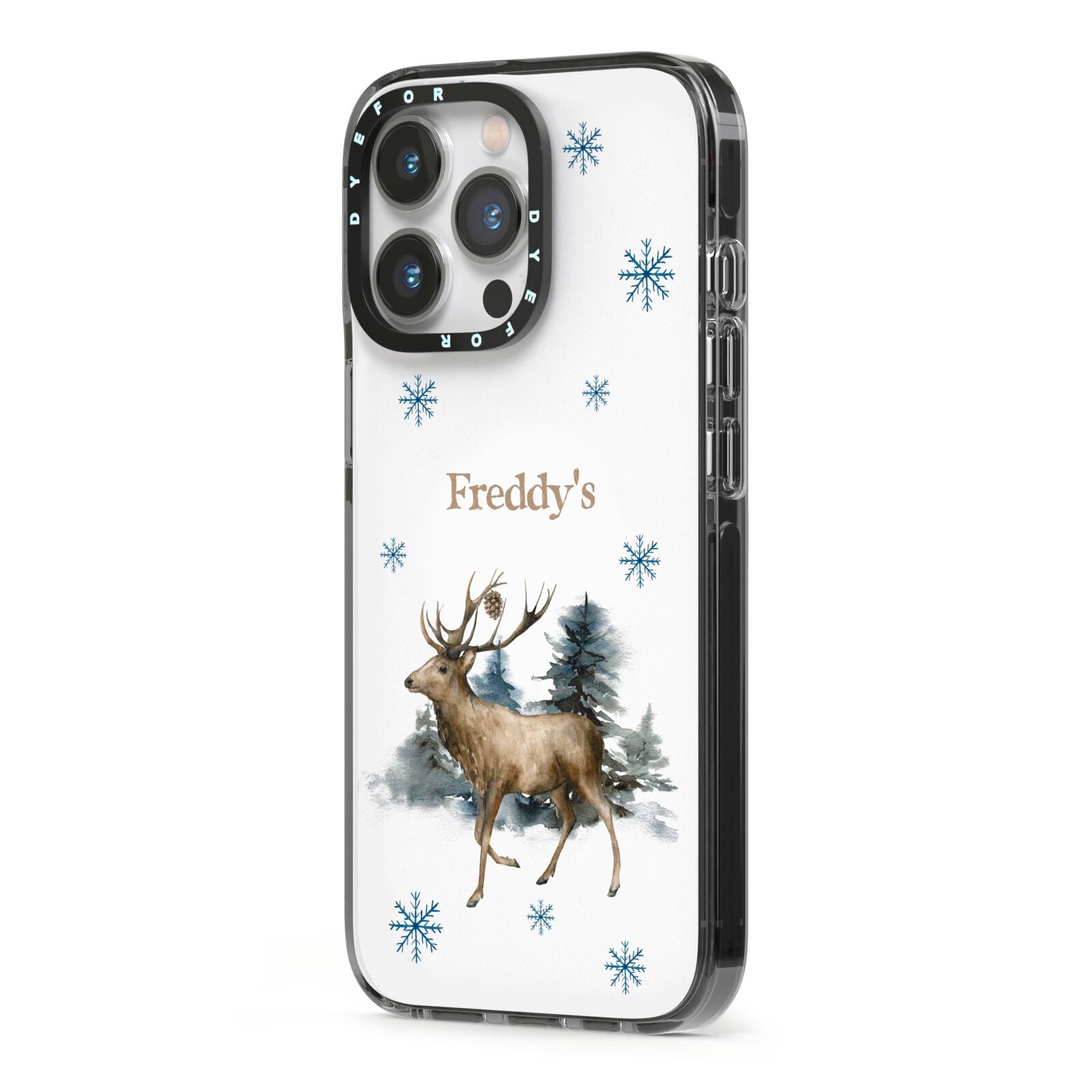 Personalised Name Reindeer iPhone 13 Pro Black Impact Case Side Angle on Silver phone