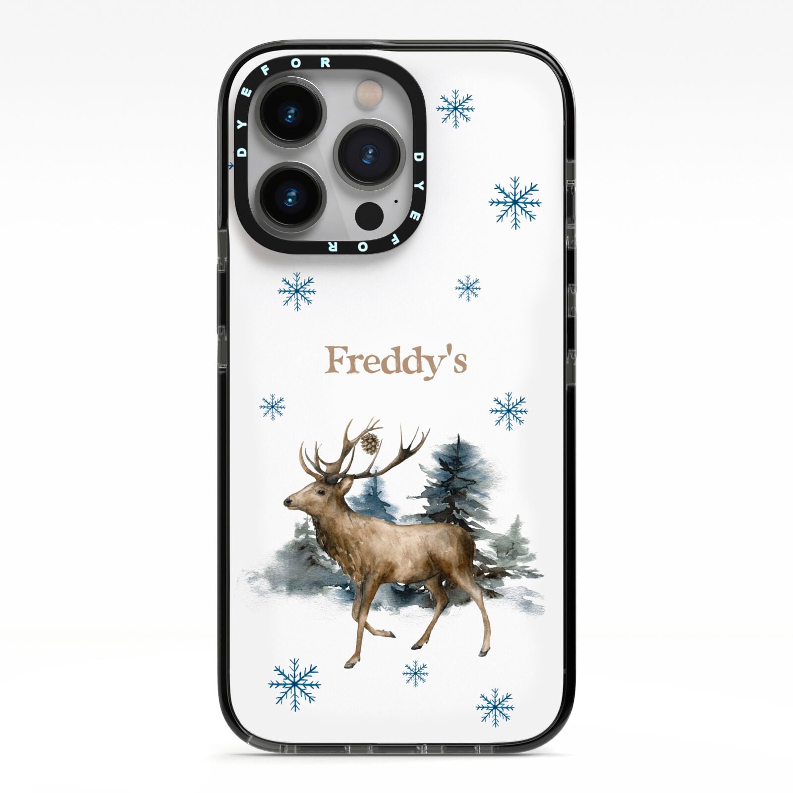 Personalised Name Reindeer iPhone 13 Pro Black Impact Case on Silver phone