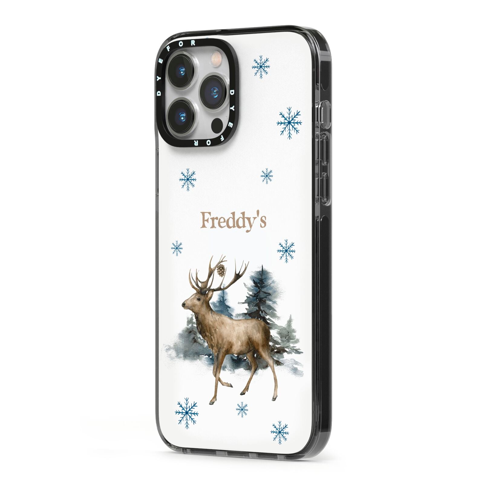 Personalised Name Reindeer iPhone 13 Pro Max Black Impact Case Side Angle on Silver phone