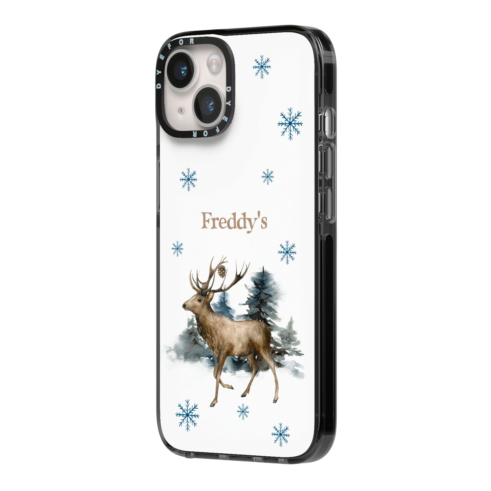 Personalised Name Reindeer iPhone 14 Black Impact Case Side Angle on Silver phone