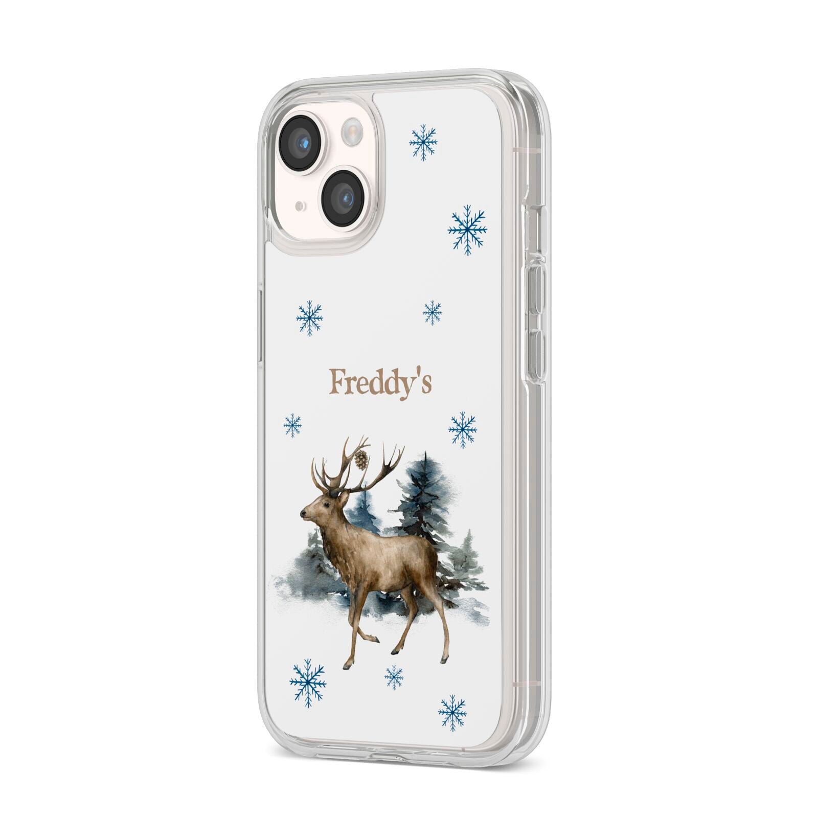 Personalised Name Reindeer iPhone 14 Clear Tough Case Starlight Angled Image