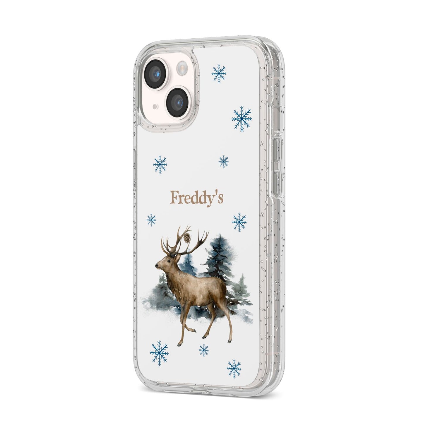 Personalised Name Reindeer iPhone 14 Glitter Tough Case Starlight Angled Image