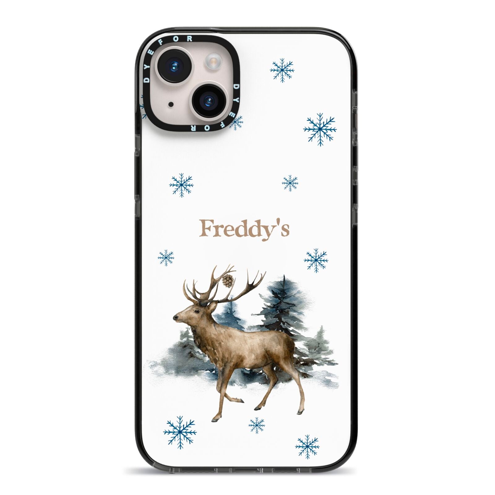 Personalised Name Reindeer iPhone 14 Plus Black Impact Case on Silver phone