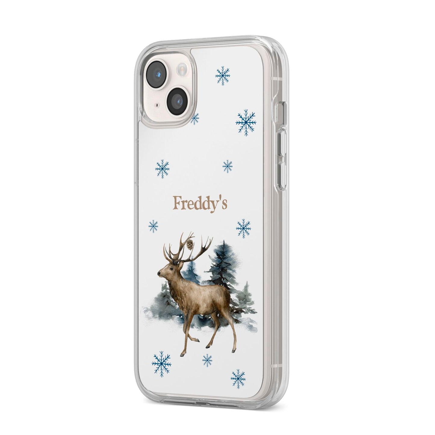 Personalised Name Reindeer iPhone 14 Plus Clear Tough Case Starlight Angled Image