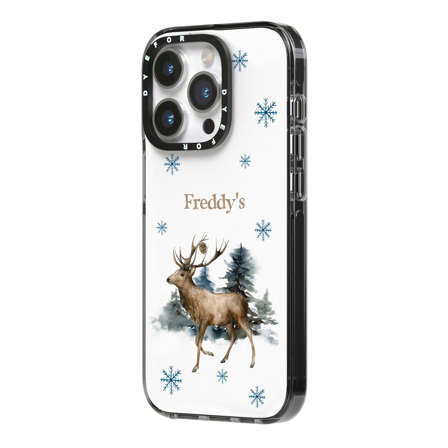 Personalised Name Reindeer iPhone 14 Pro Black Impact Case Side Angle on Silver phone