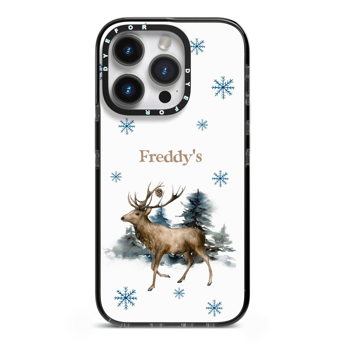 Personalised Name Reindeer iPhone 14 Pro Black Impact Case on Silver phone