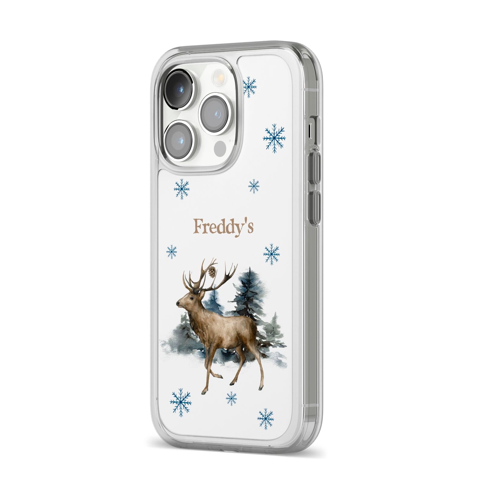 Personalised Name Reindeer iPhone 14 Pro Clear Tough Case Silver Angled Image