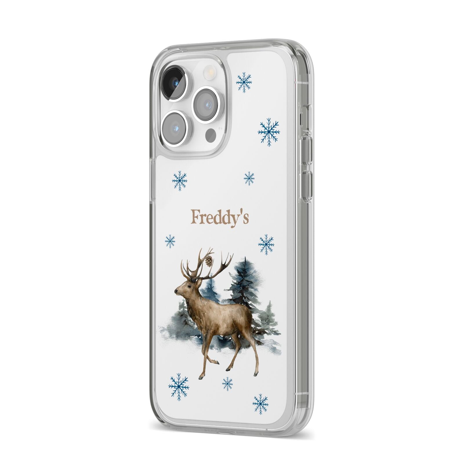Personalised Name Reindeer iPhone 14 Pro Max Clear Tough Case Silver Angled Image