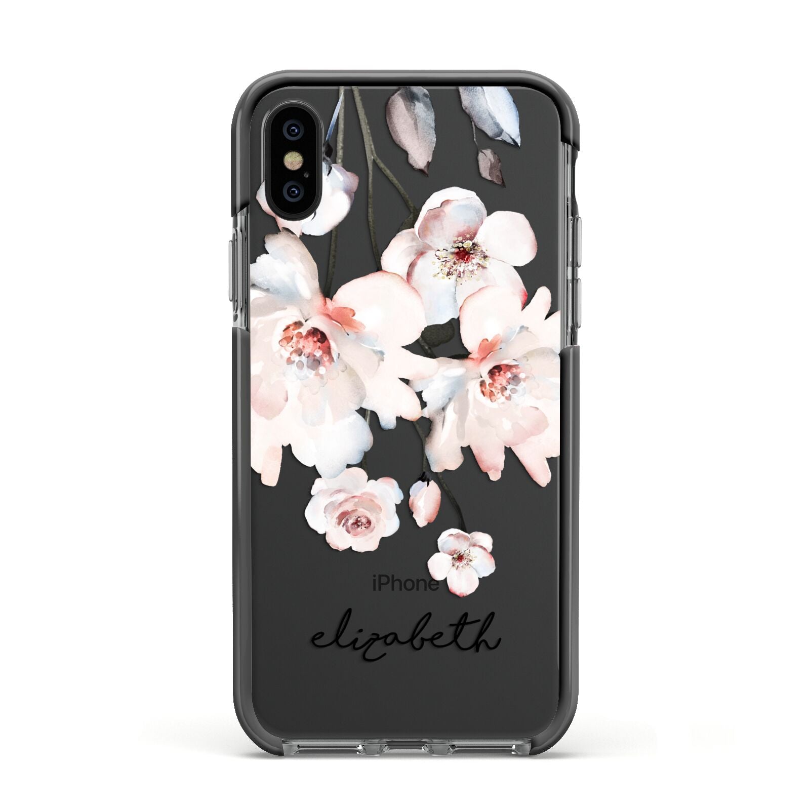 Personalised Name Roses Watercolour Apple iPhone Xs Impact Case Black Edge on Black Phone