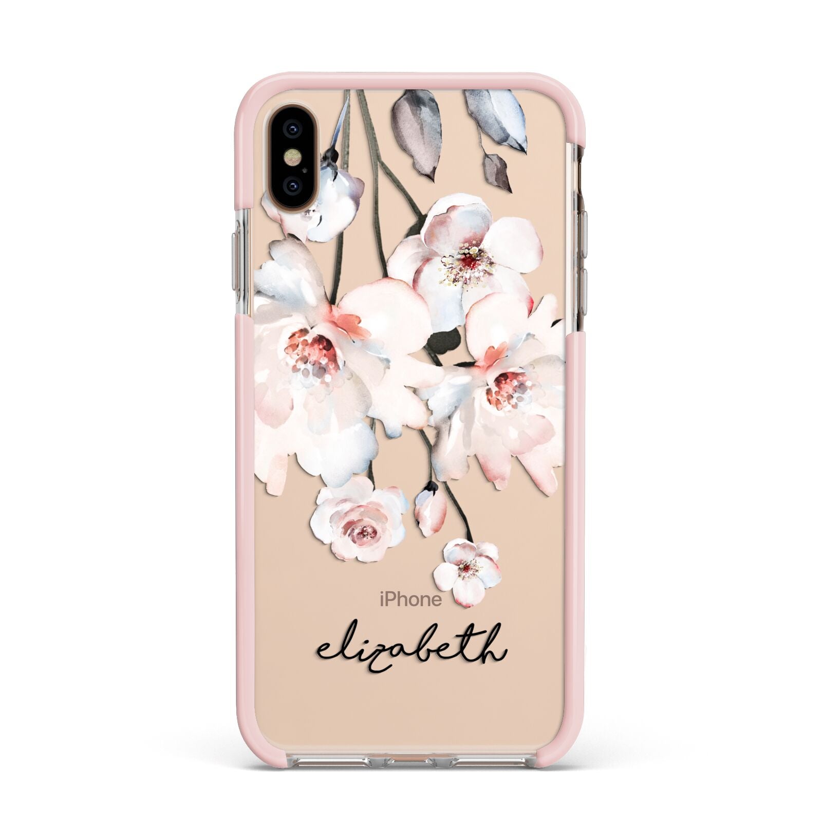Personalised Name Roses Watercolour Apple iPhone Xs Max Impact Case Pink Edge on Gold Phone