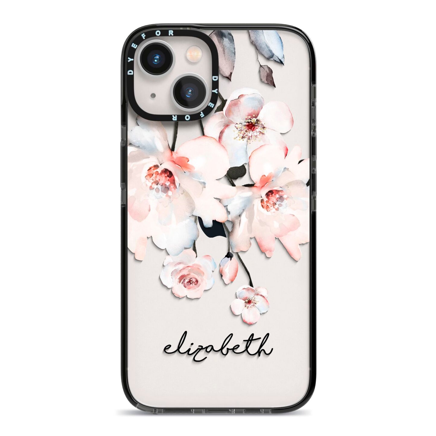 Personalised Name Roses Watercolour iPhone 13 Black Impact Case on Silver phone