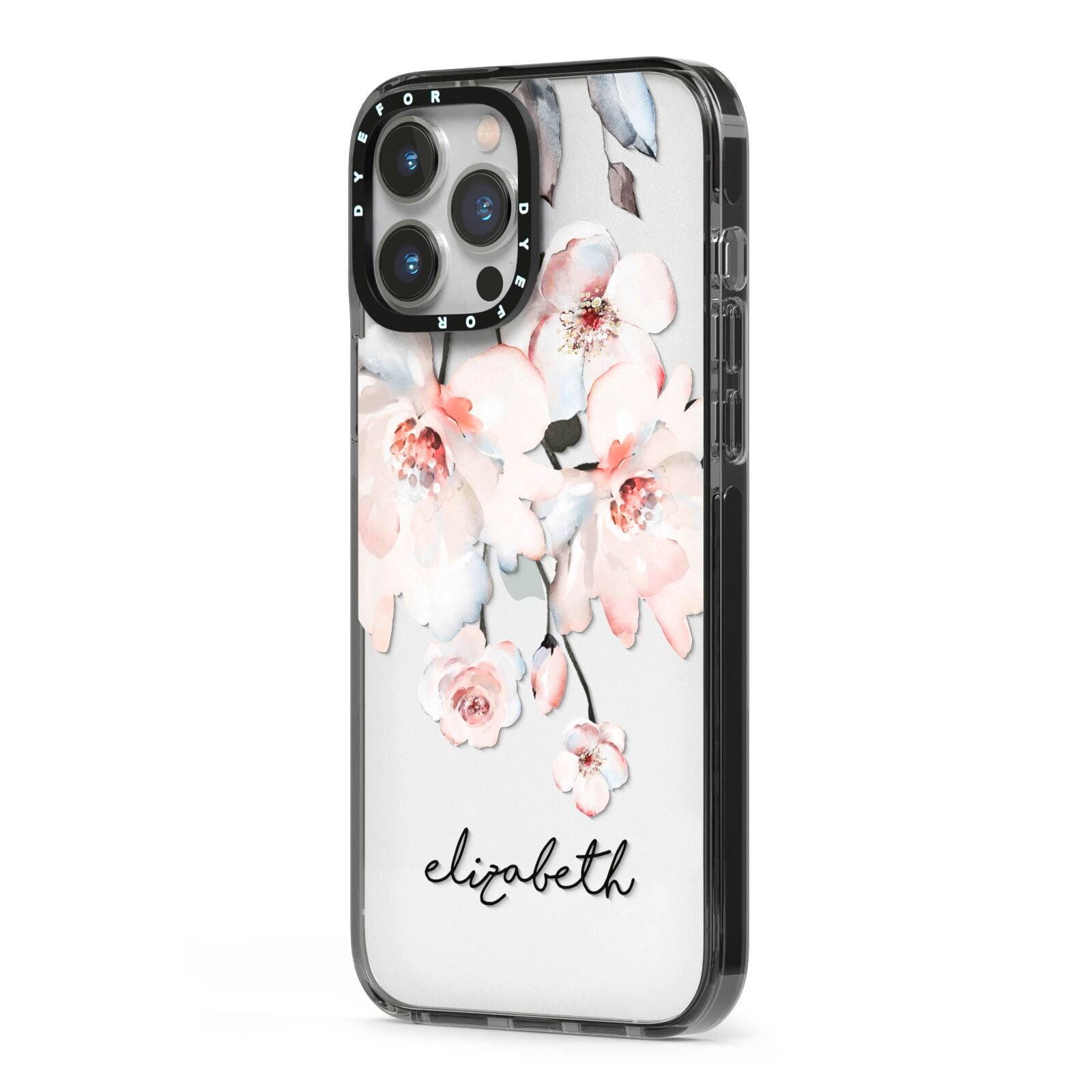 Personalised Name Roses Watercolour iPhone 13 Pro Max Black Impact Case Side Angle on Silver phone