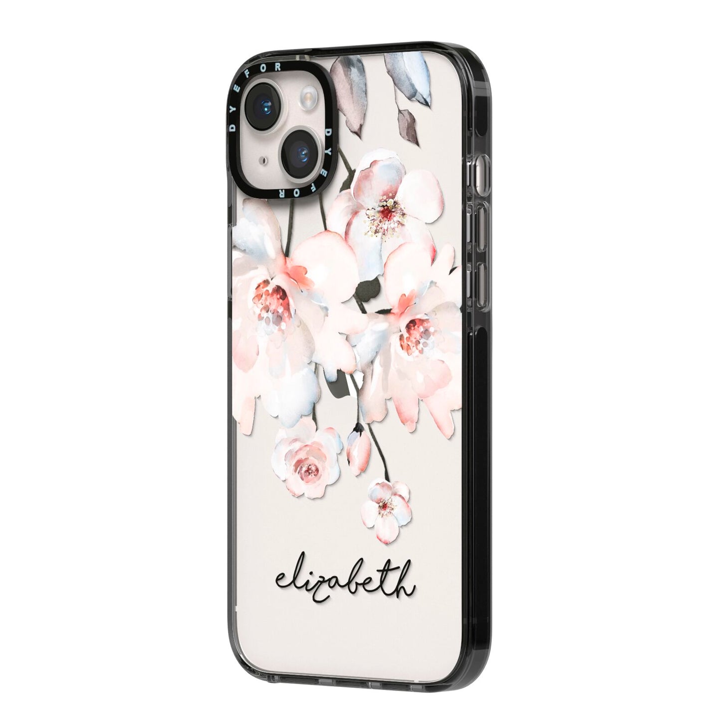 Personalised Name Roses Watercolour iPhone 14 Plus Black Impact Case Side Angle on Silver phone